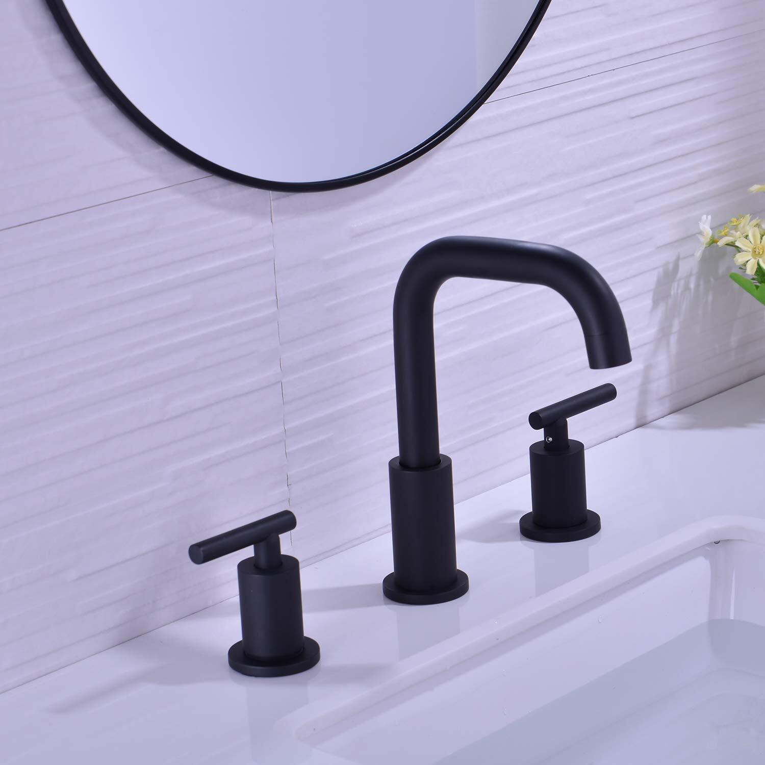 Trustmi 2-Handle 8 Inch Widespread Bathroom Sink Faucet  3 Hole Brass Vanity Faucet With Cupc Water Supply Lines And Pop Up Drain Assembly  Matte Black