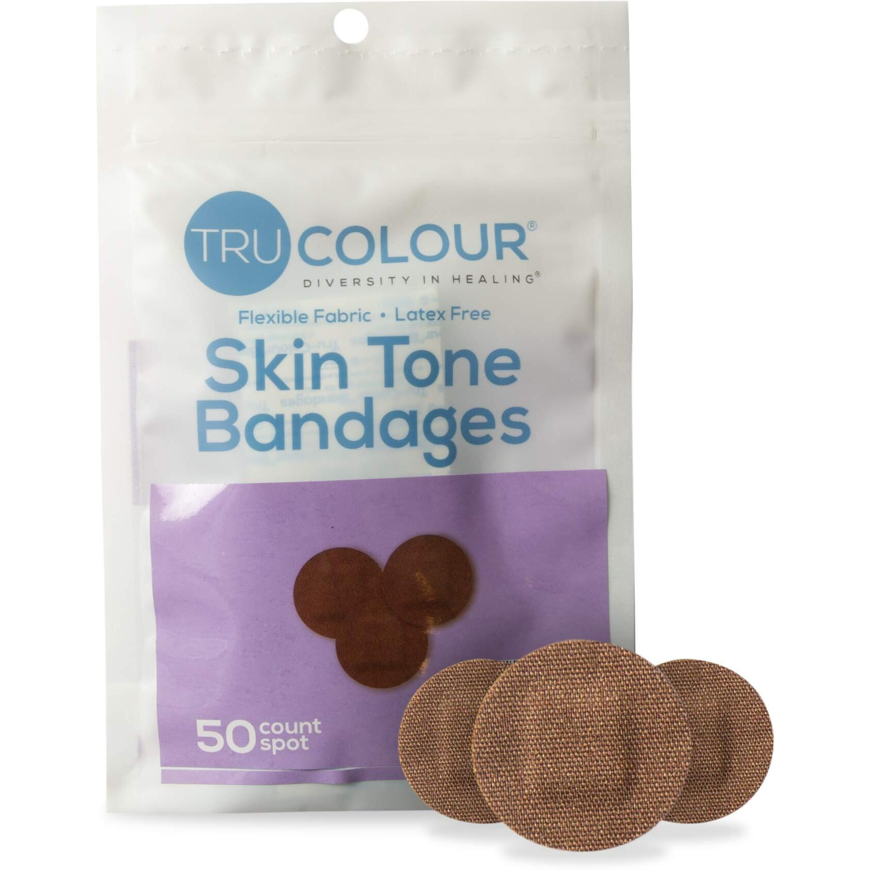 Tru Colour - Spot Bandages  Flexible Fabric Adhesive Bandages  Dark Brown Skin Tone Shade  Purple Bag  50 Count