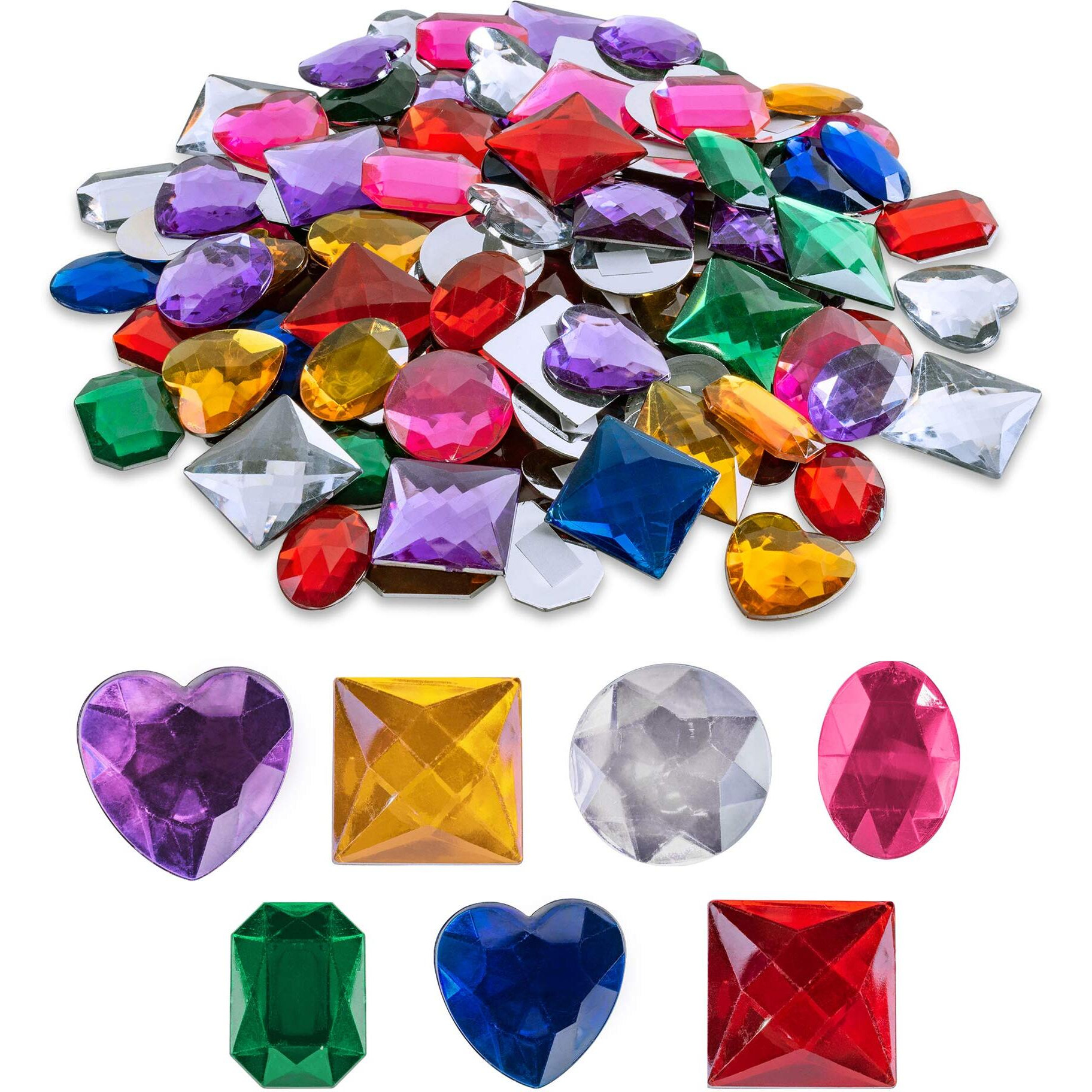 Super Z Outlet 1"" Assorted Colorful Adhesive Stick-On Heart Star Round Shaped Jewel Gems For Arts & Crafts  Themed Party Decoration Accessories  Children Activities (100 Pack)