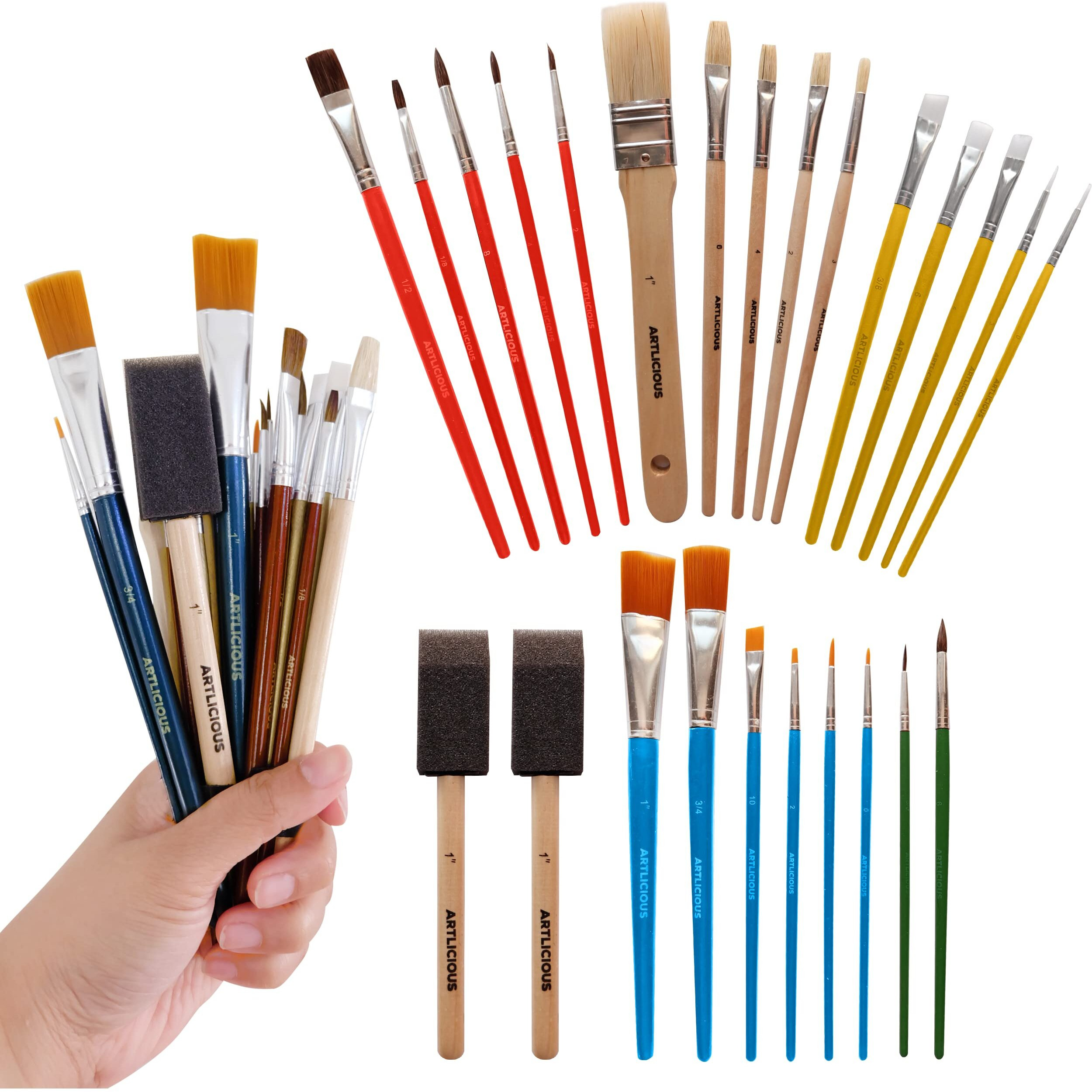 Artlicious Paint Brushes - Acrylic Paint Set And Detail Paint Brushes For Kids - Use With Craft  Watercolor  Oil  Gouache Paints  Face Art  Washable Paints  Miniature Detailing And Rock Painting
