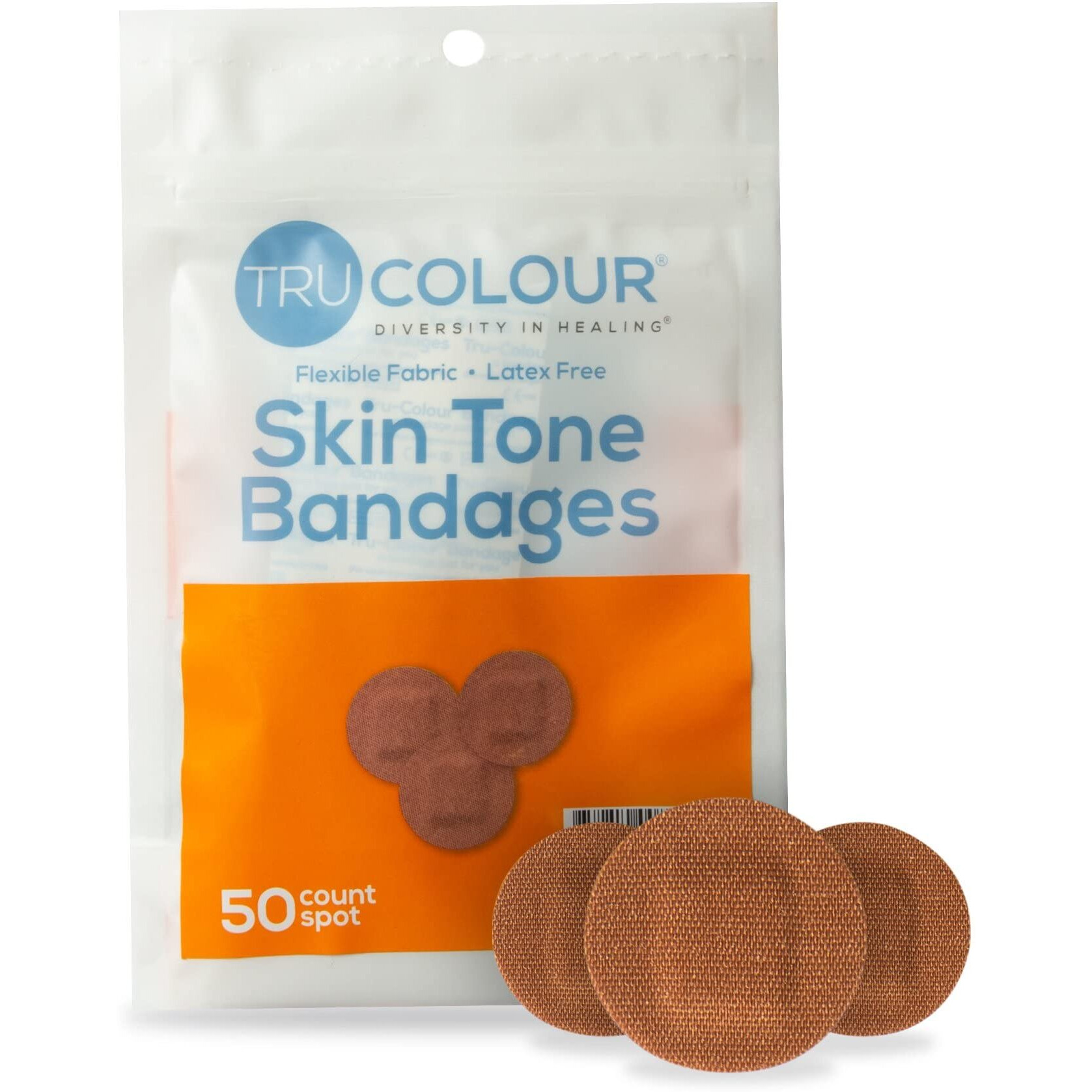Tru Colour - Spot Bandages  Flexible Fabric Adhesive Bandages  Brown Skin Tone Shade  Orange Bag  50 Count