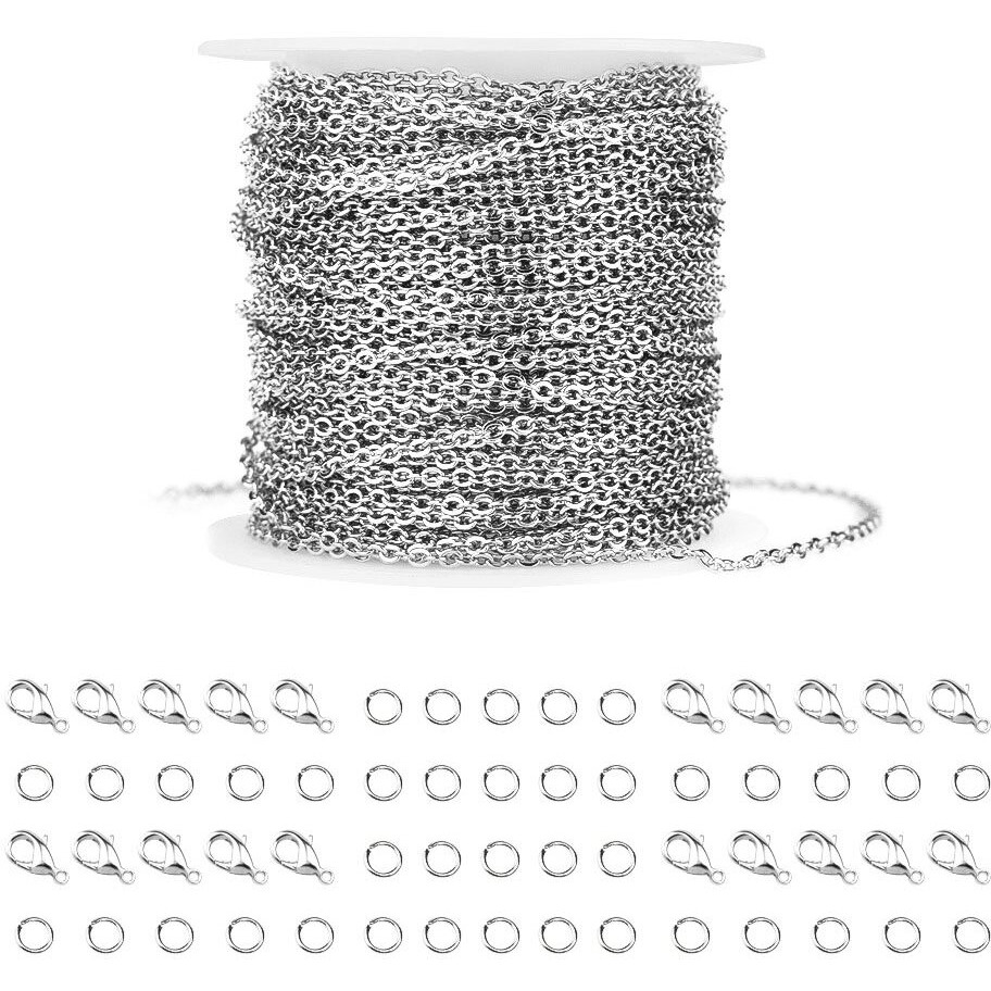 36 Feet Silver Stainless Steel Link Cable Chain With 20 Lobster Clasps And 30 Jump Rings For Men Women Jewelry Chain Diy Making  2.0Mm