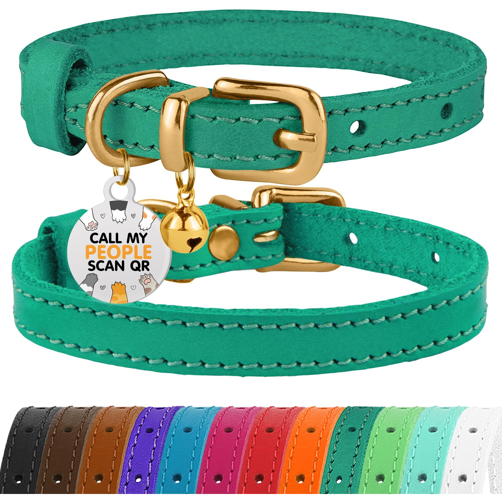 Bronzedog Leather Cat Collar With Bell Non Breakaway Kitten Qr Tag For Girl Boy (7"" - 9"" For Cats  Green & Gold)