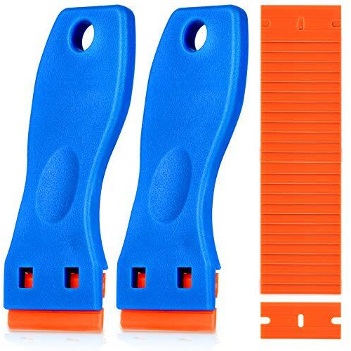 Kusufefi Plastic Razor Blade Scraper  2Pcs Scraper Tool With 60Pcs Plastic Blades  Cleaning Scraper Remover For Stickers  Decals  Adhesive  Labels  Paint  Glass  Car  Window  Stove Top  Caulk  No Scratches