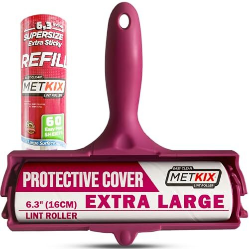 Metkix Extra Large Lint Roller 6.3"" (16Cm) With Refill  Protective Cover Design  Giant Lint Roller For Pet Hair Furniture Bed Couch Floor & More  Big Lint Roller With Extra Sticky Total 120 Sheets