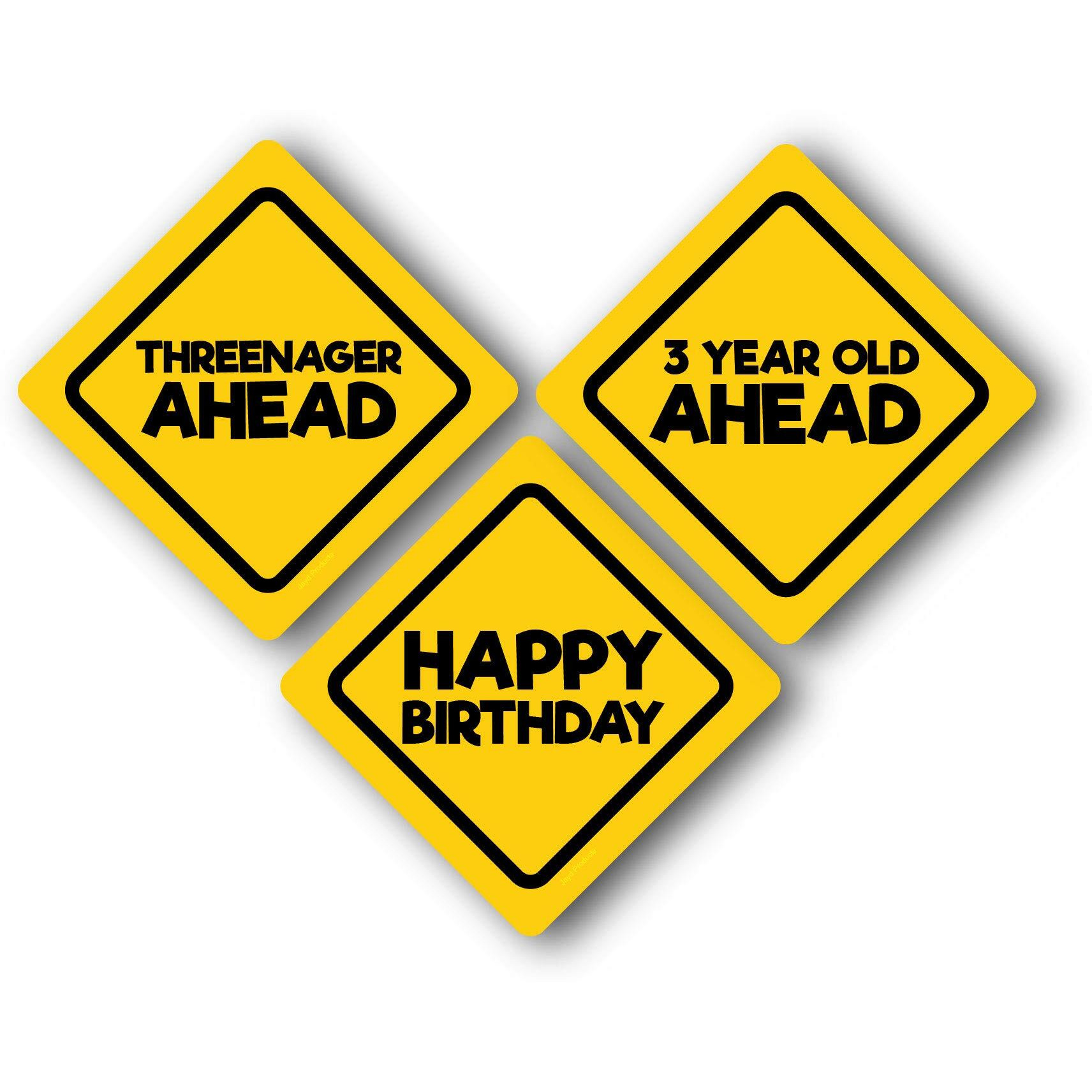 Jayd Products  3 Year Old Birthday Caution Signs  (3Ct) 16.5"" Across  Construction Party Signs  Threenager Ahead  Three Year Old Ahead And Happy Birthday Cut-Outs