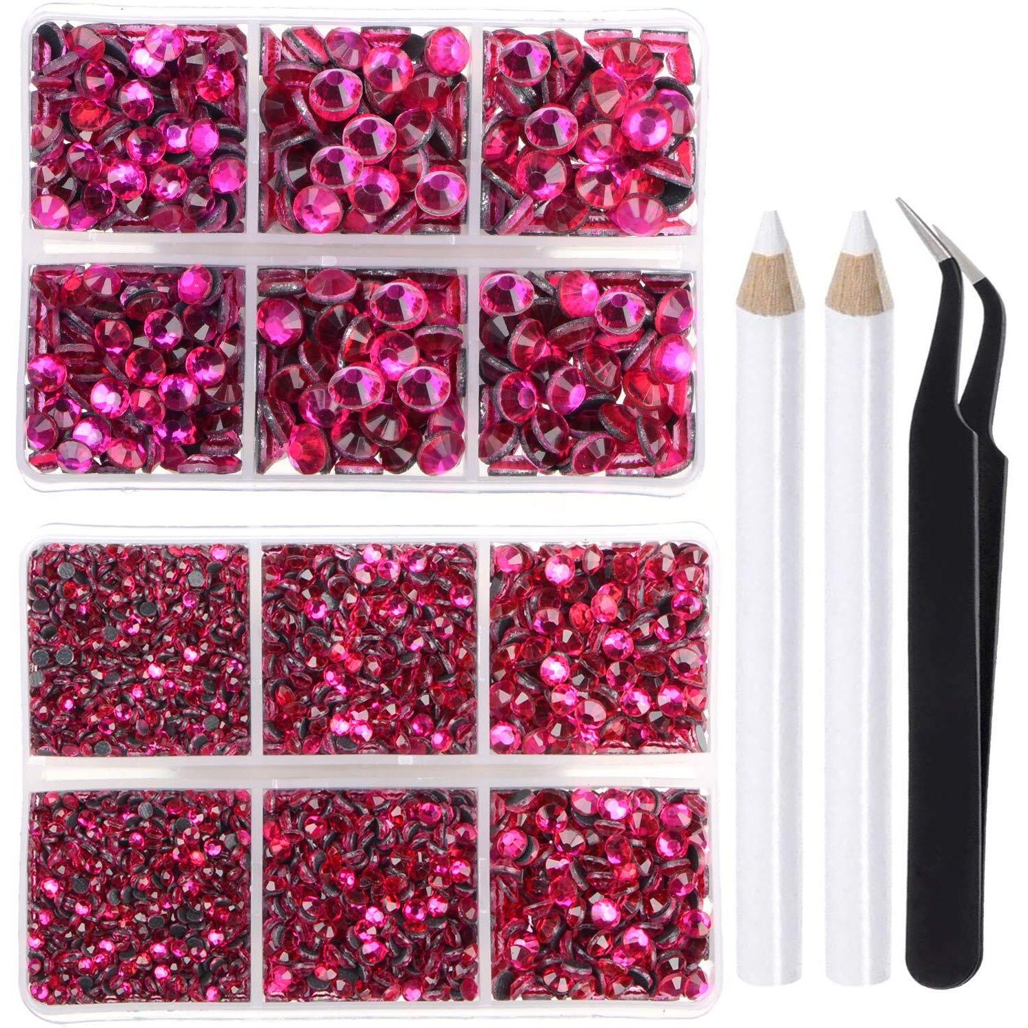 Lpbeads 6400 Pieces Hotfix Fuchsia Rhinestones Flat Back 5 Mixed Sizes Crystal Round Glass Gems With Tweezers And Picking Rhinestones Pen