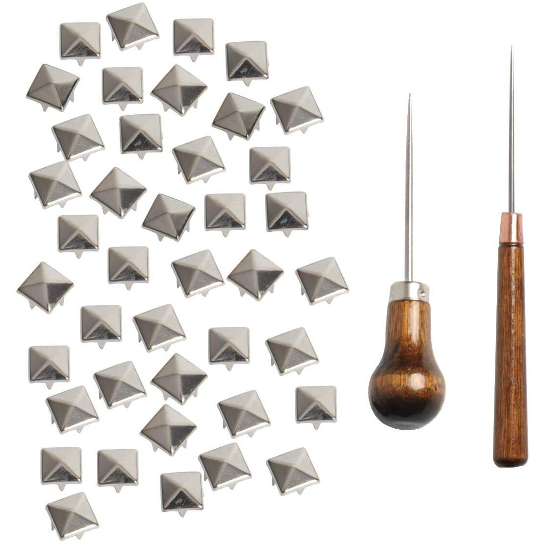 Sbyure 500 Pieces 10Mm Four-Jaw Square Rivets Silver Metal Pyramid Studs Handicraft Diy Punk Spikes Spots Studs Accessories With 2 Pack Straight Tipped Scratch Awl Craft Tool