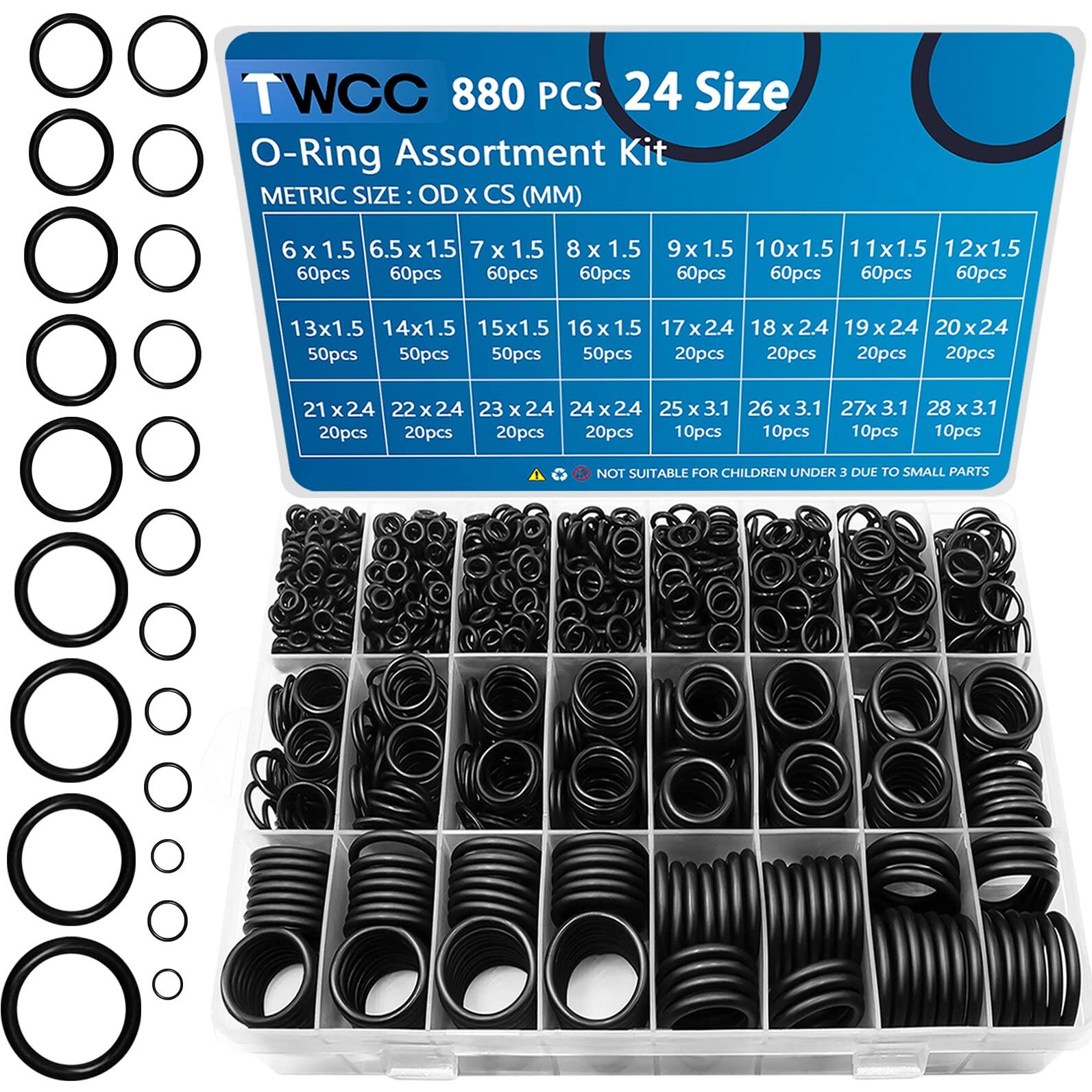 Twcc 24 Size Rubber O Ring Set  880 Pcs Black Small O Rings Assortment Kits Assorted Metric Sealing Washer For Automobiles Plumbing Faucet Water Air Or Gas Repair