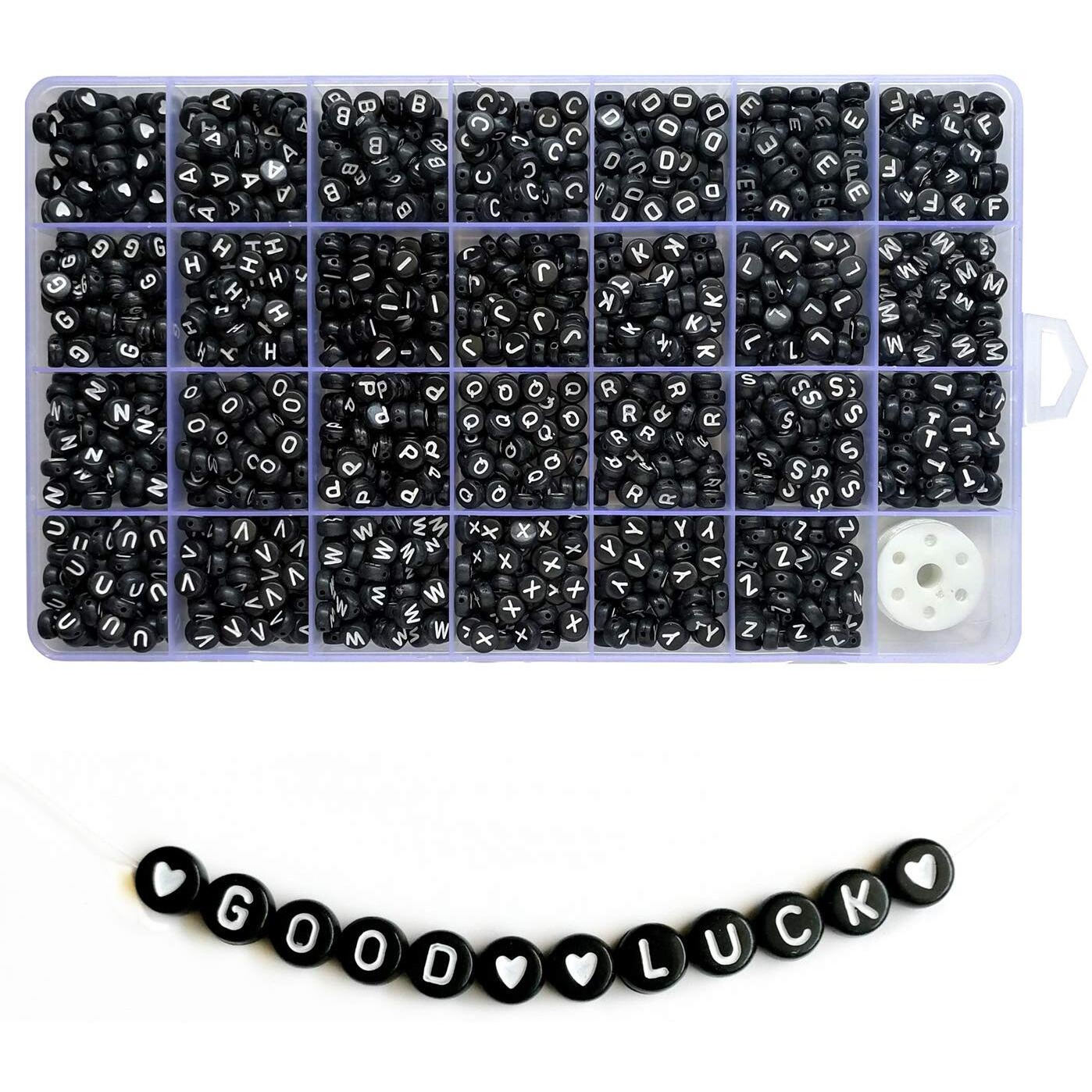 Amaney 1400Pcs 4X7Mm Black Round Acrylic Alphabet Letter Beads A-Z And Heart Pattern For Jewelry Making