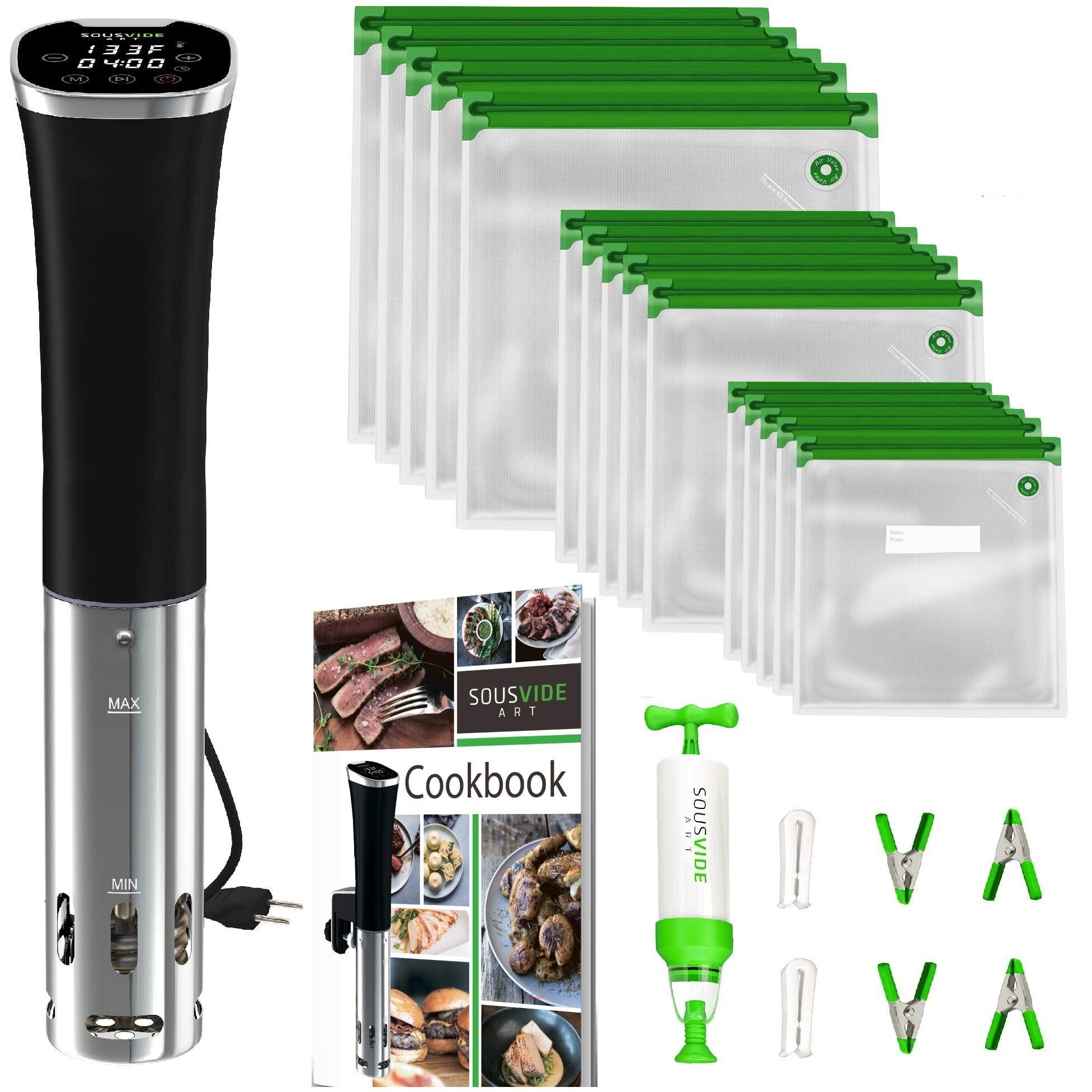 Sousvide Art Sous Vide Cooker Kit (Deluxe) - Sous Vide Machine Immersion Cookers Circulator  30 Vacuum Seal Bags  Vacuum Pump  Digital Timer  Temp Control  Suvee Cooker Gift For Chefs