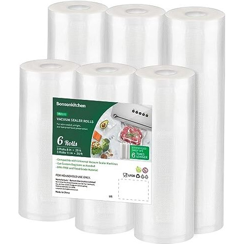 Bonsenkitchen Vacuum Sealer Rolls Bags  6 Pack 11"" X 20' 3 Rolls +8"" X 20' 3 Rolls Storage Bags  Bpa Free  Durable Commercial Customized Size Food Bags For Food Storage And Sous Vide Cooking