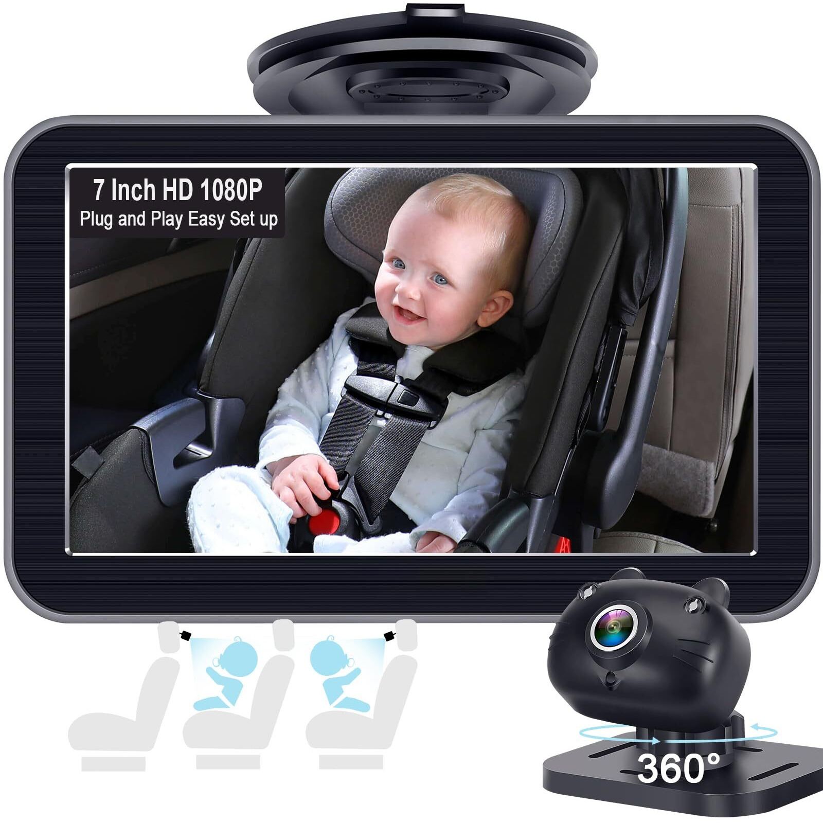 Dohonest Baby Car Camera 7-Inch Usb Plug And Play Easy Setup 360 Rotating Backseat Camera Two Kids Hd 1080P Rear Facing Car Seat Camera Clear Night Vision -V9
