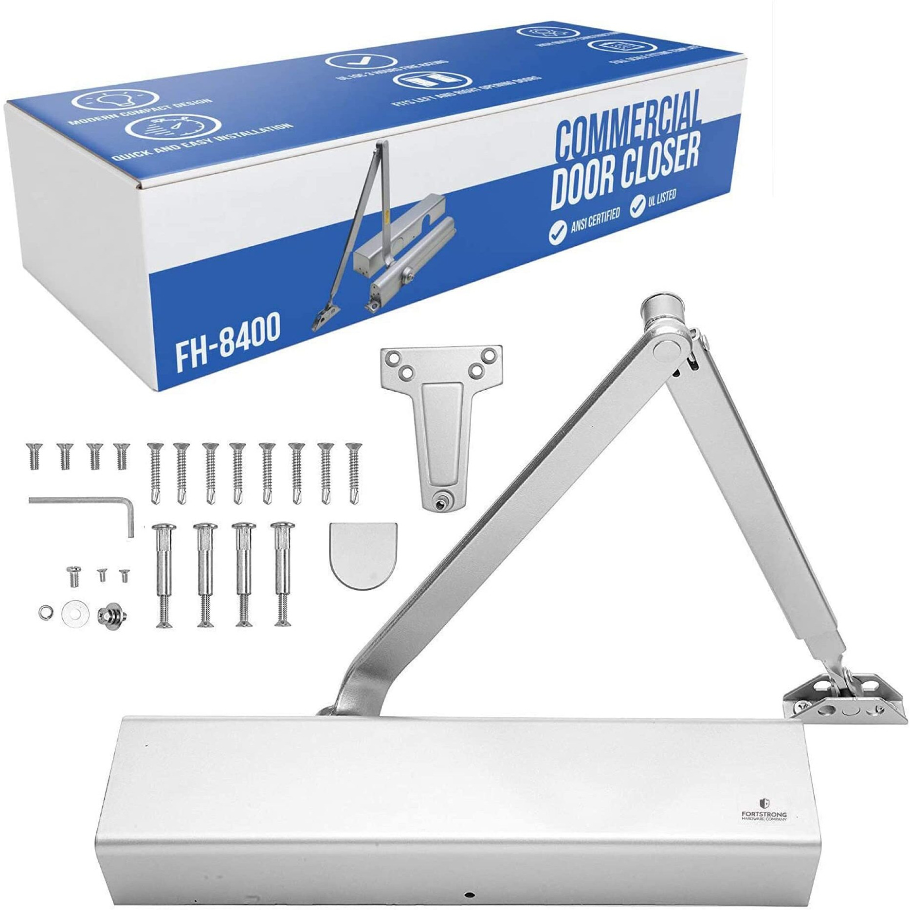 Commercial Door Closer Fh-8400 Heavy Duty Adjustable Grade 1 Standard Automatic Door Closing Hinge - Ada Compliant Ul & Cul Ul10C Listed - Aluminium Finish - High Traffic (Silver)