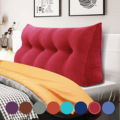 Wowmax Triangular Reading Pillow Large Bolster Headboard Backrest Positioning Support Wedge Pillow  Pillow For Day Bed Bunk Bed With Removable Cover  Cordury Red Full