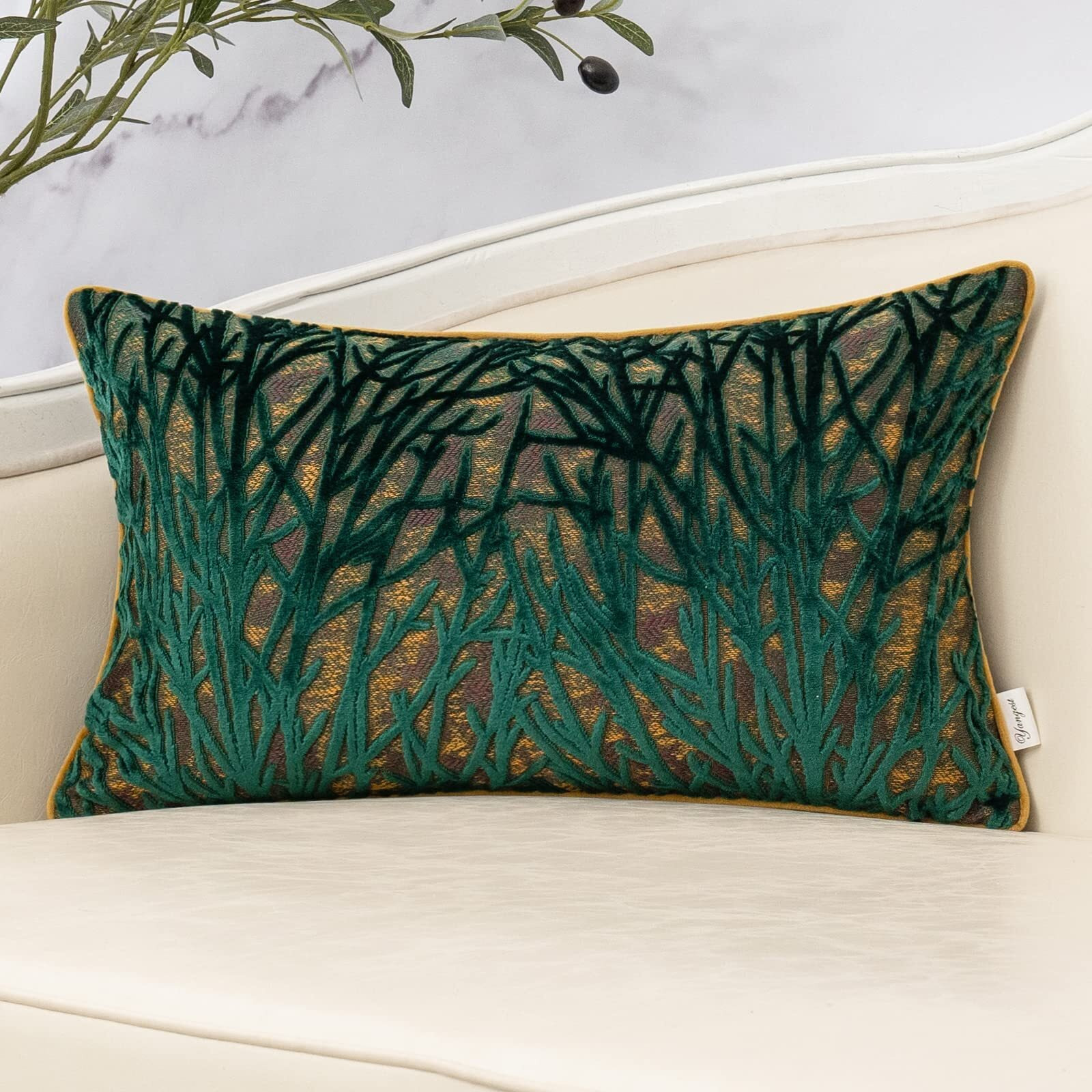 Yangest Green Twigs Lumbar Throw Pillow Cover Branches Velvet Cushion Case Neutral Oblong Pillowcase For Sofa Couch Bedroom Living Room Home Decor  12X20 Inch