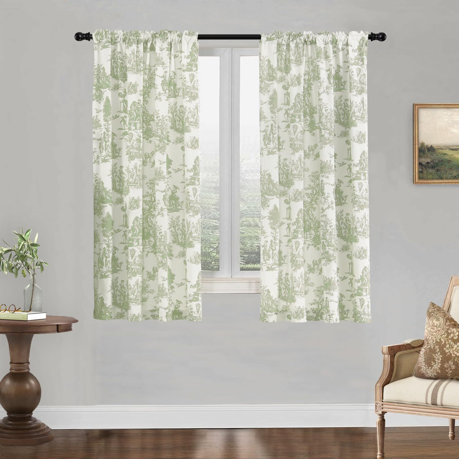 Light Green Floral Spring Curtains 63 Inch Length 2 Panels For Bedroom Lightweight Cotton Vintage Serene Tranquil Aesthetic Decor Dark Room Curtain Set For Living Room Sage Celadon And Cream White