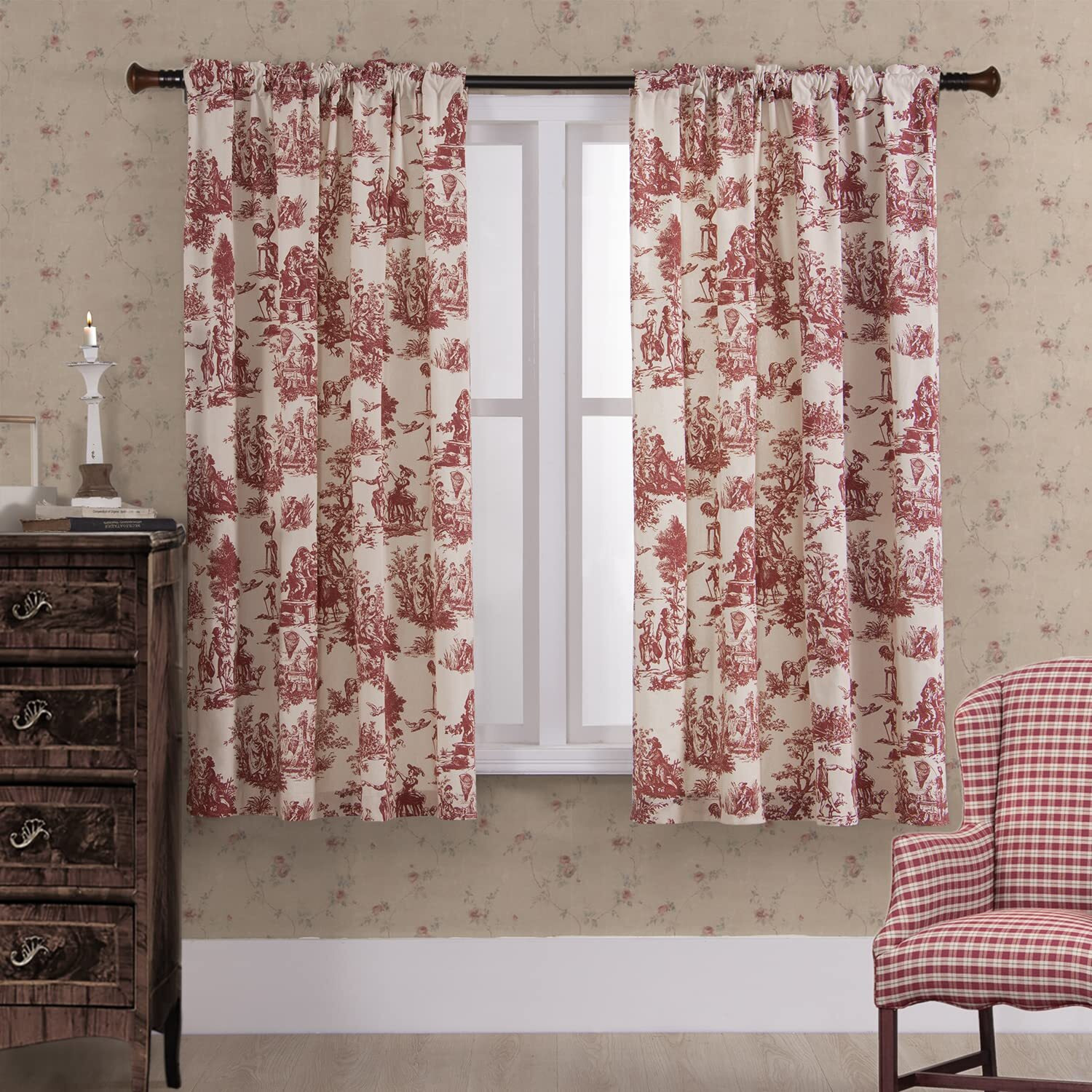 Cream Curtains 63 Inch Length For Bedroom 2 Panels With Farmhouse Red Design Accents Room Decor Paris Toile Farm Cottage Core Wine Maroon Tradtional Flower Sheer Drapes For Living Room 63 Inches Long