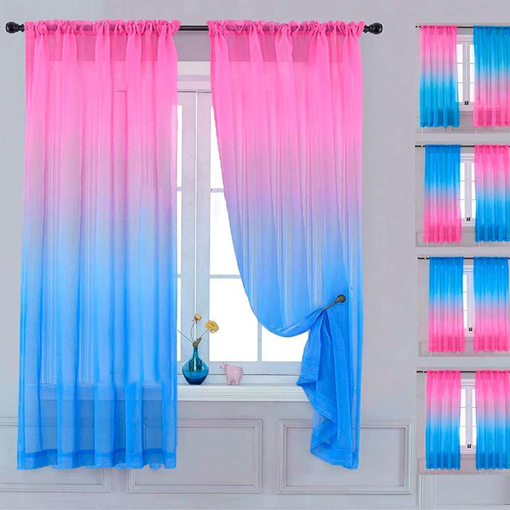 Yancorp Sheer Curtain 2 Panels Semi Bedroom Curtains 84 Inches Length Linen Pink Blue Ombre Curtains Rod Pocket Drapes Girls Living Room Mermaid Bedroom Nursery Kids Window Decor(Pink Blue  52"&quotX84"")