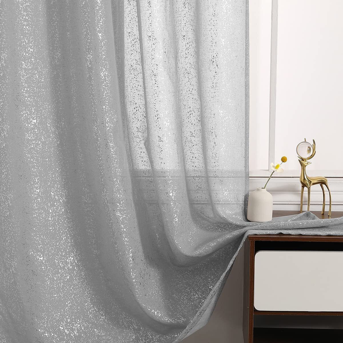 Terlytex Silver Curtains 72 Inch Length - Chic Silver Grey Window Curtains For Patio Door  Rod Pocket Metallic Silver Foil Gliltter Sheer Curtains For Bedroom  52 X 72 Inch  2 Panels  Silver Grey