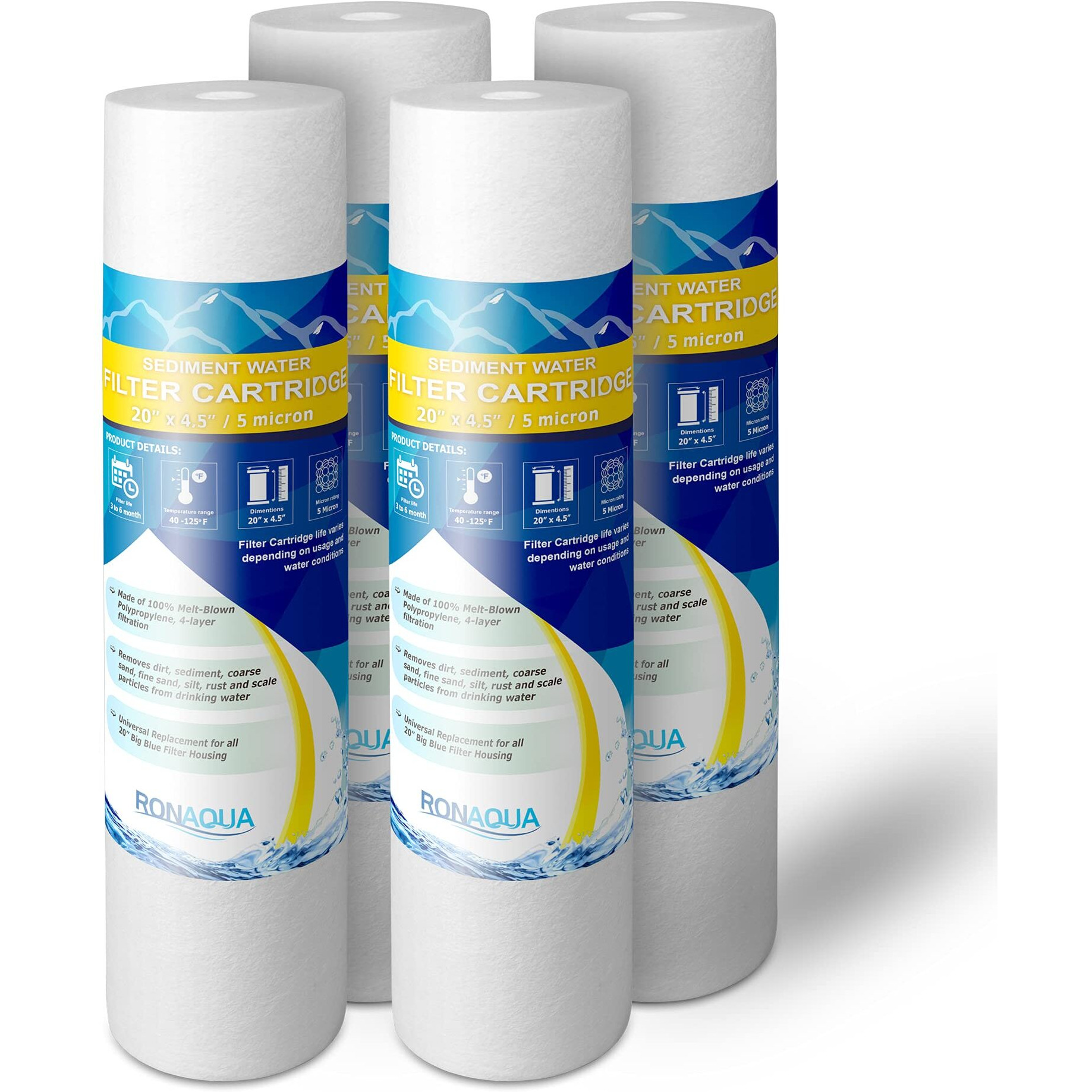 Big Sediment Replacement Water Filters 5 Micron 4.5 20"" Cartridges Well-Matched With 155358-43  2Pp20Bb1M  Ap810-2  Fpmb-Bb5-20  Fp25B  P5-20Bb  Sdc-45-2005 (4 Pack  20"")