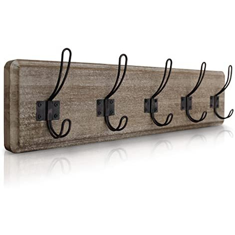 Rustic Coat Rack With 5 Hooks - Weathered Brown Wall Mounted 24"" Coat Rack - Solid Pine Wood Entryway Hanger For Hanging Clothes  Hats  Purse  Keys - Vintage Farmhouse Coat Rack For Kitchen  Bedroom