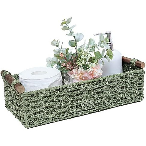 Round Paper Rope Storage Basket Wicker Baskets For Organizing With Handle Decorative Storage Bins For Countertop Toilet Paper Basket For Toilet Tank Top Small Baskets Set Green