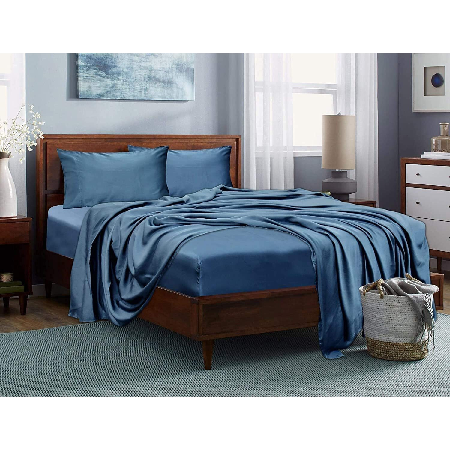 Linenwalas King Fitted Sheet Only  100% Austrian Eucalyptus Tencel Lyocell Silk Sheet Better Than Egyptian Cotton  Deep Pocket Snug Fit  Cooling Soft Bed Sheet For King Size Bed (Bahamas Blue  King)