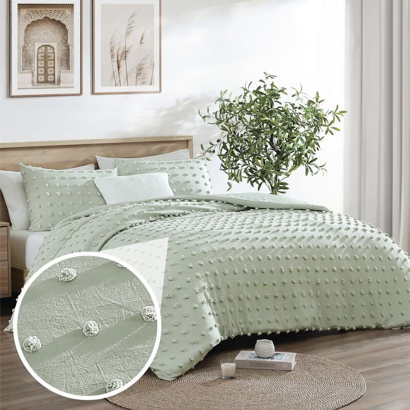 Swift Home King/Cal King Sage 3-Piece Down Alternative Comforter Set Bedding Pom Pom All-Season  Machine Washable