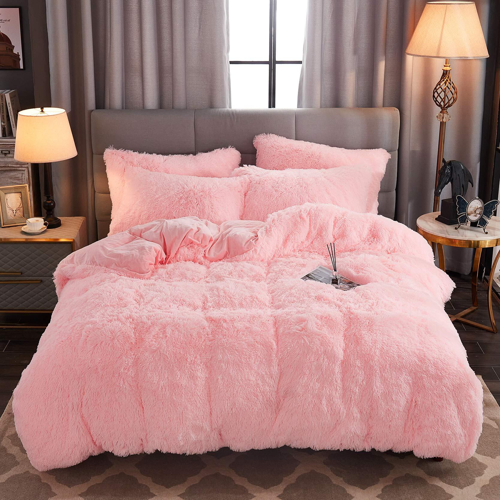 Werdim Shaggy Fluffy Faux Fur Duvet Cover Set Button Closure Velvety Bedding Set Comforter Cover With Pillowcases Pink  Queen Size