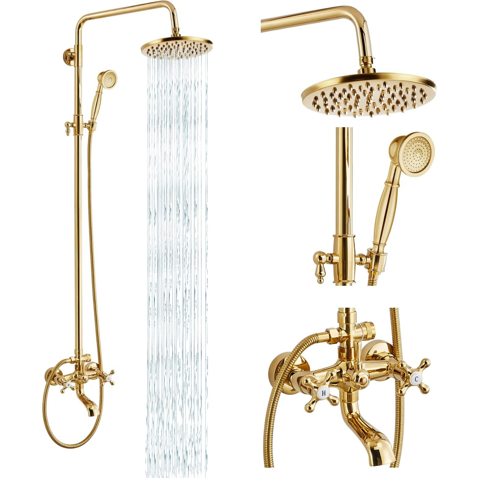 Exposed Shower Faucet Set 8 Rain Shower 2 Double Knobs Handle Gold Polish Triple Function Tub Spout Shower Fixture Combo System Unit Set