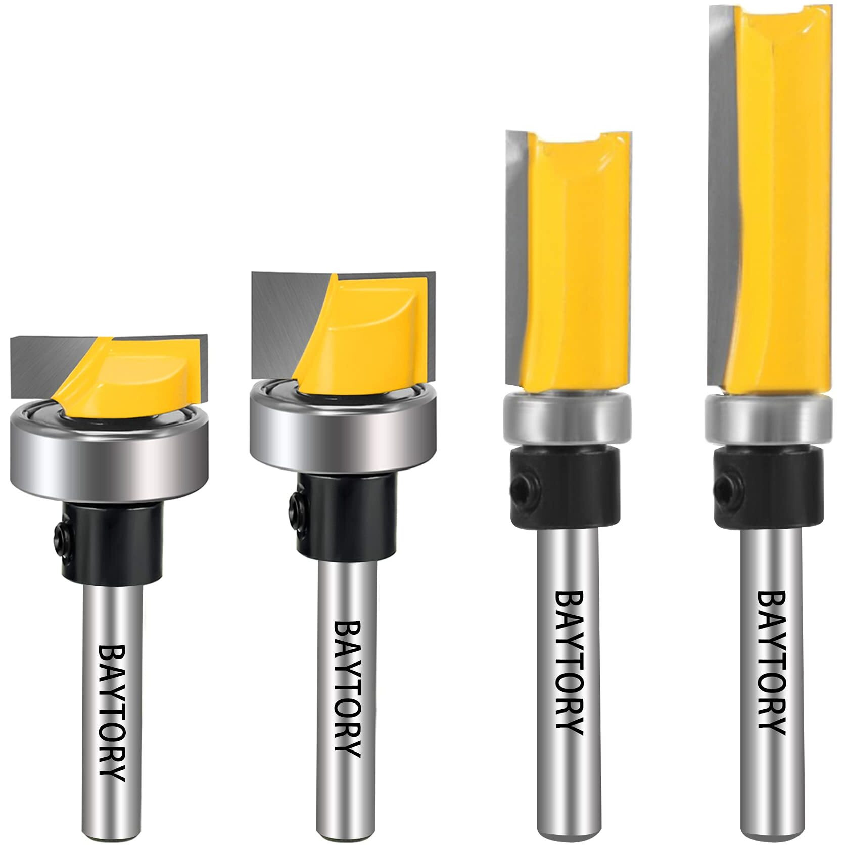 Baytory Pattern Flush Trim Router Bit Set With 1/4 Inch Shank  2Pcs 1/2&quot&quot & 2Pcs 3/4&quot&quot Cutting Diameter Carbide Mortising Bits With Top Bearing Prevent Tear-Out  Template Woodworking Cutter Tool