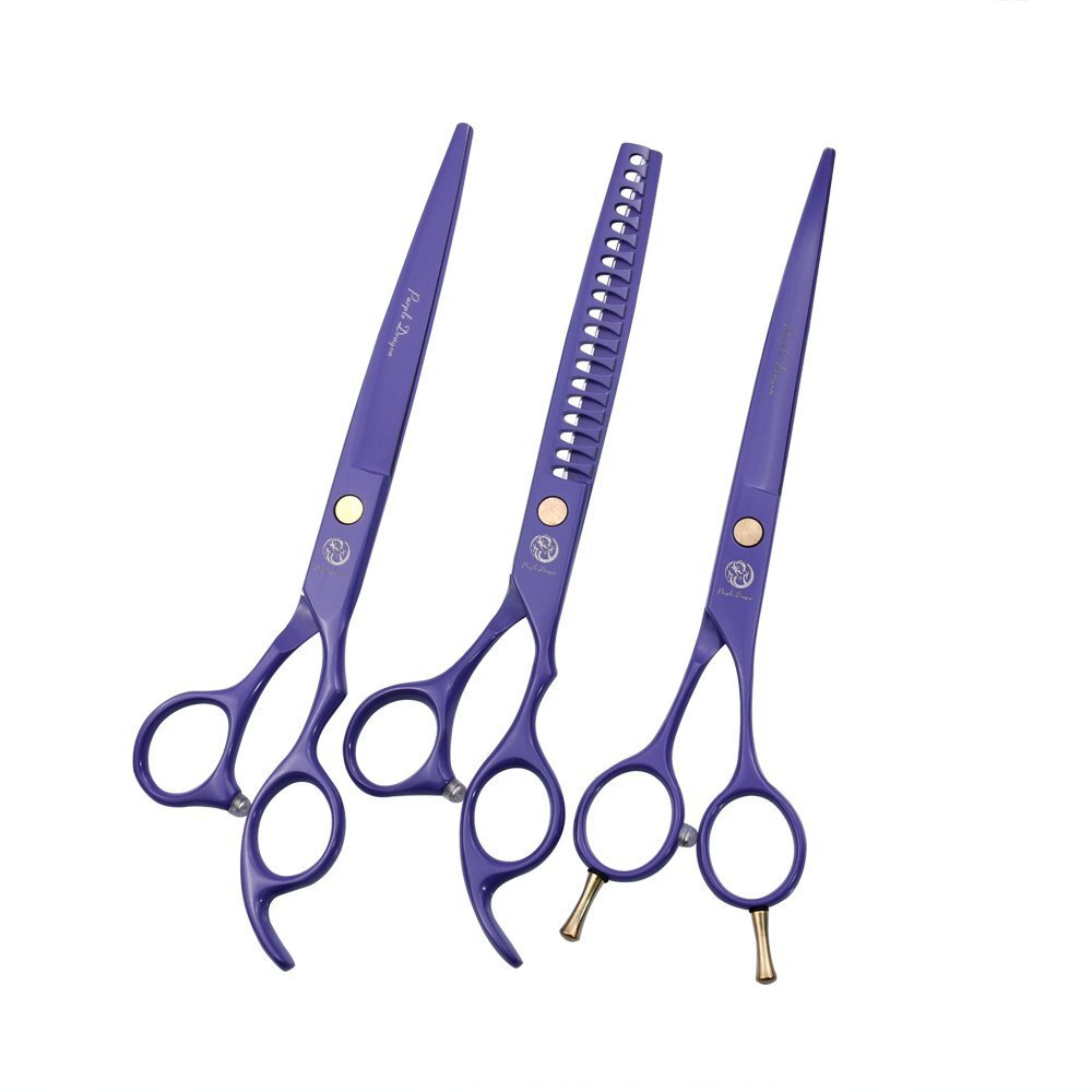 Purple Dragon 7.0 Inch Professional Dog Grooming Hair Cutting Scissor &Curved Scissor&Chunker Shear Kit With Bag - For Pet Groomer Or Family Diy Pet Use
