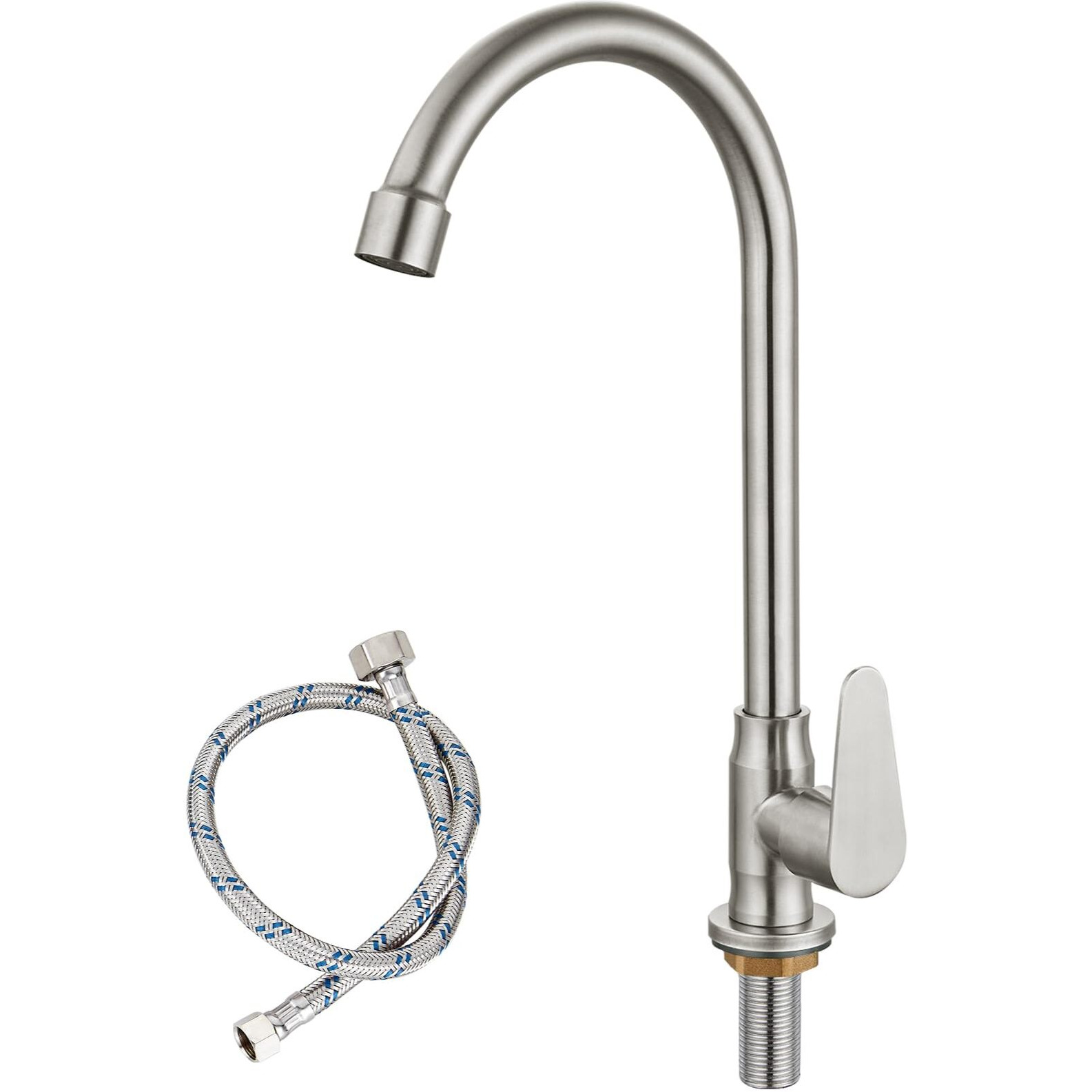 Brushed Nickel Kitchen Faucet Cold Water Only Sus304 Stainless Steel Deck Mounted Single Handle Single Hole High Arc 360 Degree Swivel Spout Bathroom Sink Tap Easy Install With Cold Water Supply Line