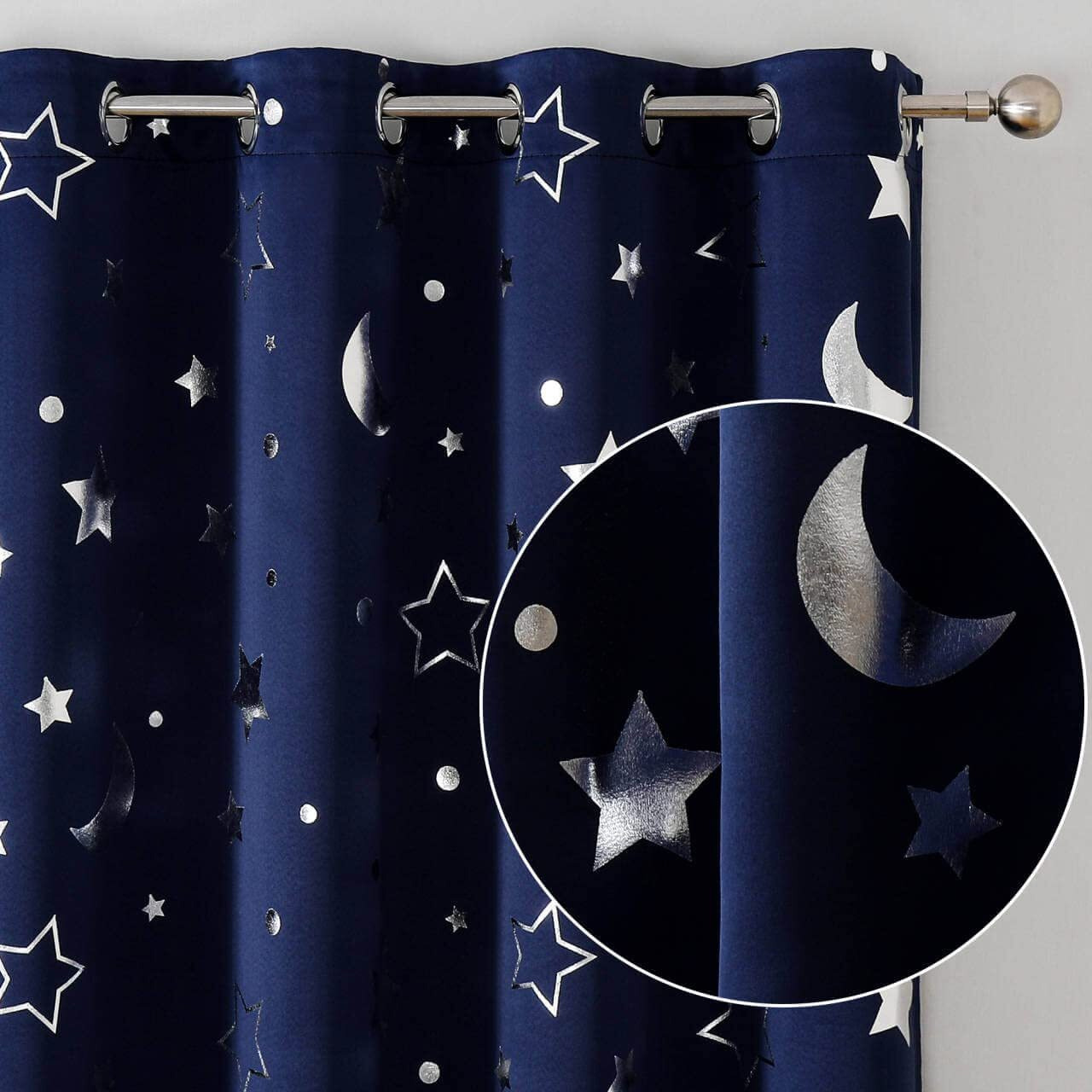 Wubodti Navy Blue Star Blackout Curtains For Kids Nursery  Silver Star And Moon Printed Small Curtains Thermal Insulated Room Darkening Space Curtain Drapes For Baby Room  2 Panels  52'' X 63''