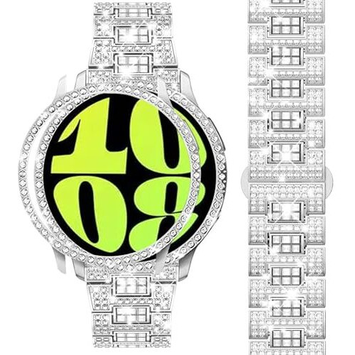 Dsytom Bands Compatible With Samsung Galaxy Watch 6 40Mm 44Mm  20Mm Bling Metal Replacement Galaxy Watch 6 Band 40Mm 44Mm With Rhinestone Protective Case For Women Girls (40Mm Silver)