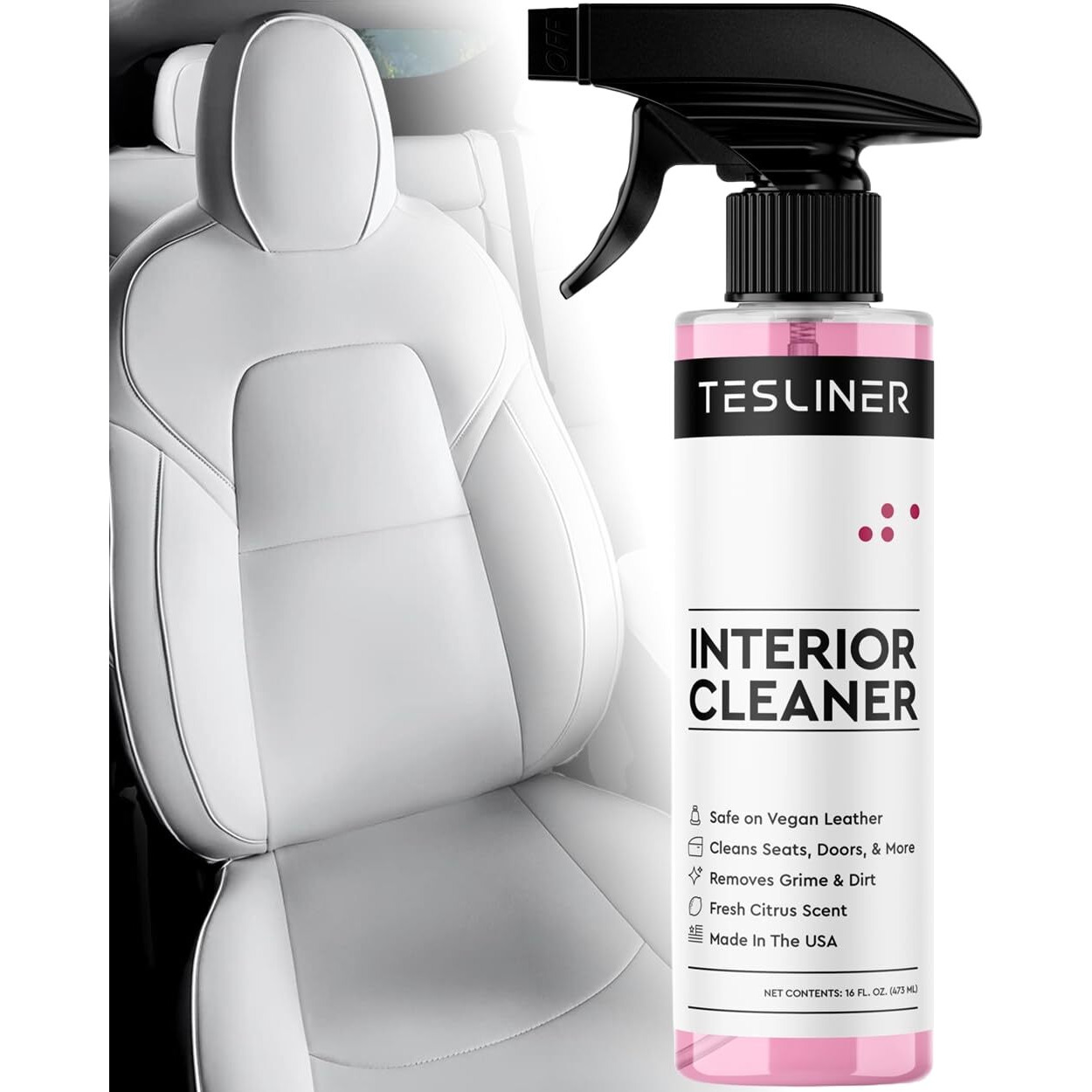 Tesla Seat Cleaner For White Or Black Vegan Leather Seats  Helps With Blue Jean Dye  Stains  Safe On All Surfaces  Tesla Interior Cleaner For Model 3 Y S X  Trusted Tesla Cleaning Products (Citrus)