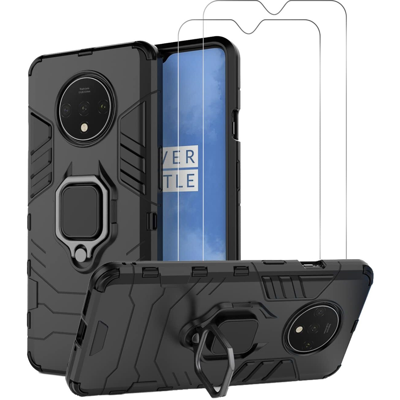 Urspasol For Oneplus 7T Case With Screen Protector Tempered Glass Hybrid Heavy Duty Armor Protective Bumper Phone Cover With 360 Degree Ring Holder Kickstand (Black)