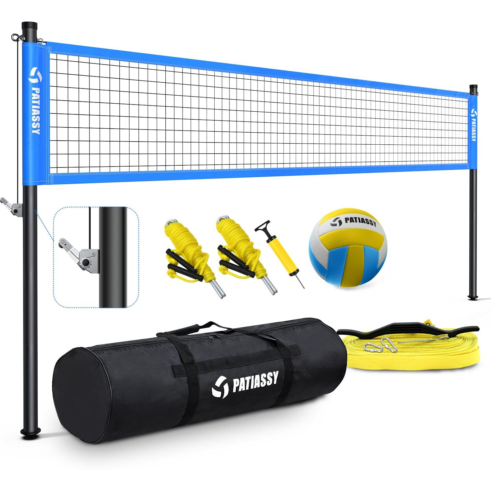 Patiassy Portable Professional Outdoor Volleyball Net Set With Adjustable Height Aluminum Poles  Winch System  Volleyball With Pump And Carrying Bag For Backyard Beach (Blue)