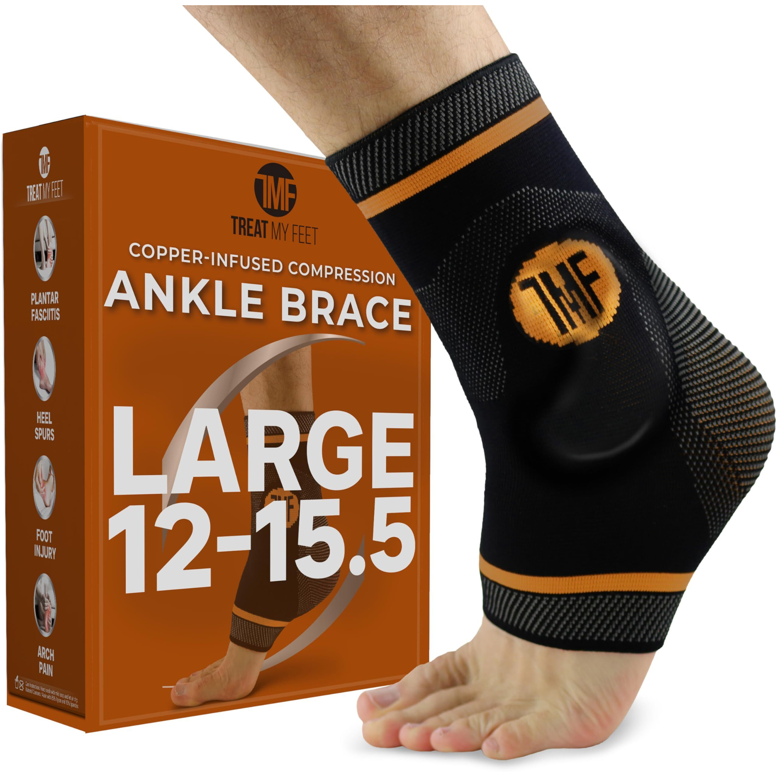 Treat My Feet Compression Ankle Brace With Silicone Ankle Support And Copper - Plantar Fasciitis Brace For Foot Pain & Achilles Tendonitis Relief - Ankle Brace For Women & Men - Large Size