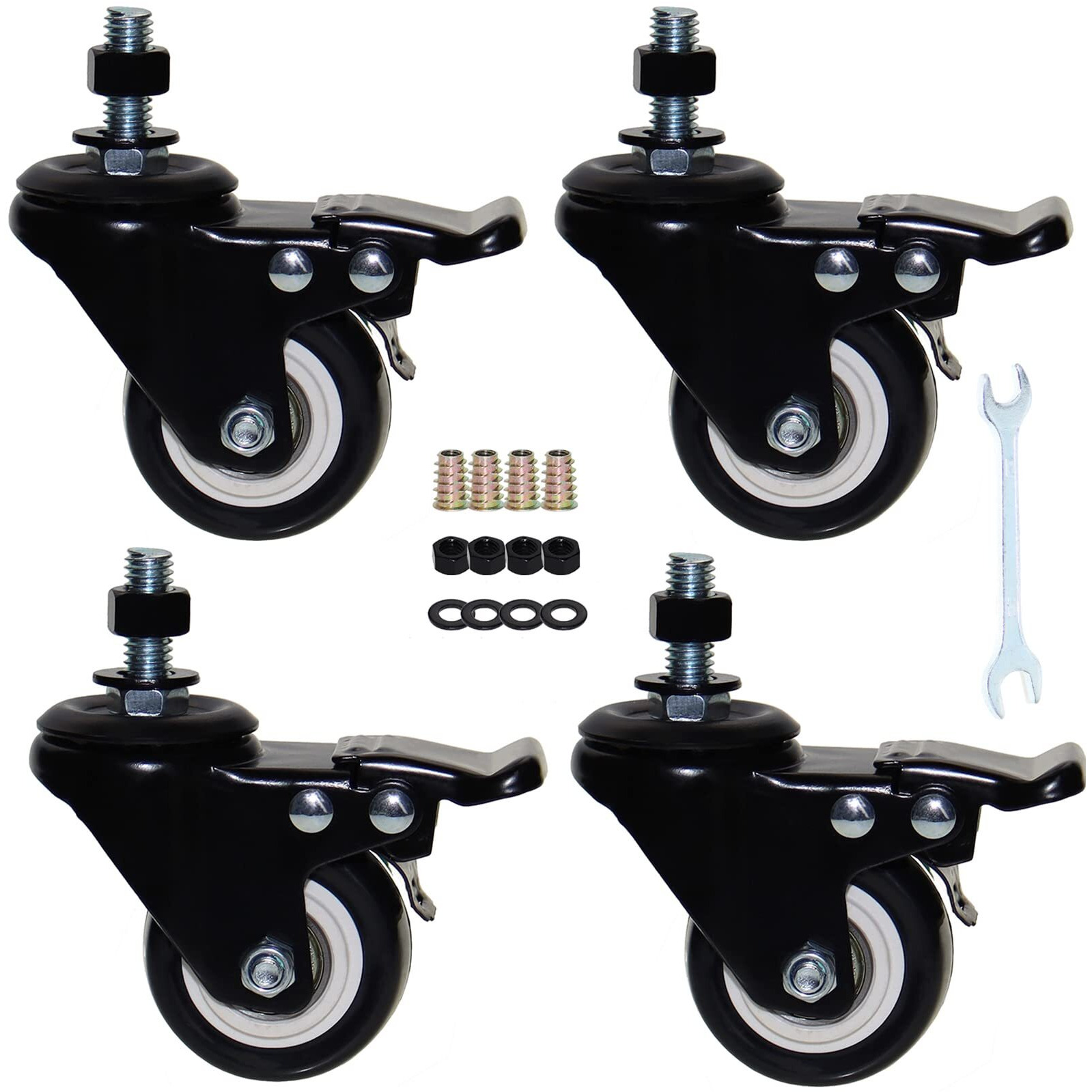 2'' Caster Wheels  Swivel Stem Casters 3/8'' - 16X1'' (Screw Diameter 3/8''  Screw Height 1'') 330Lbs Heavy Duty Threaded Casters No Noise Pu Dual Locking Castors With Brake