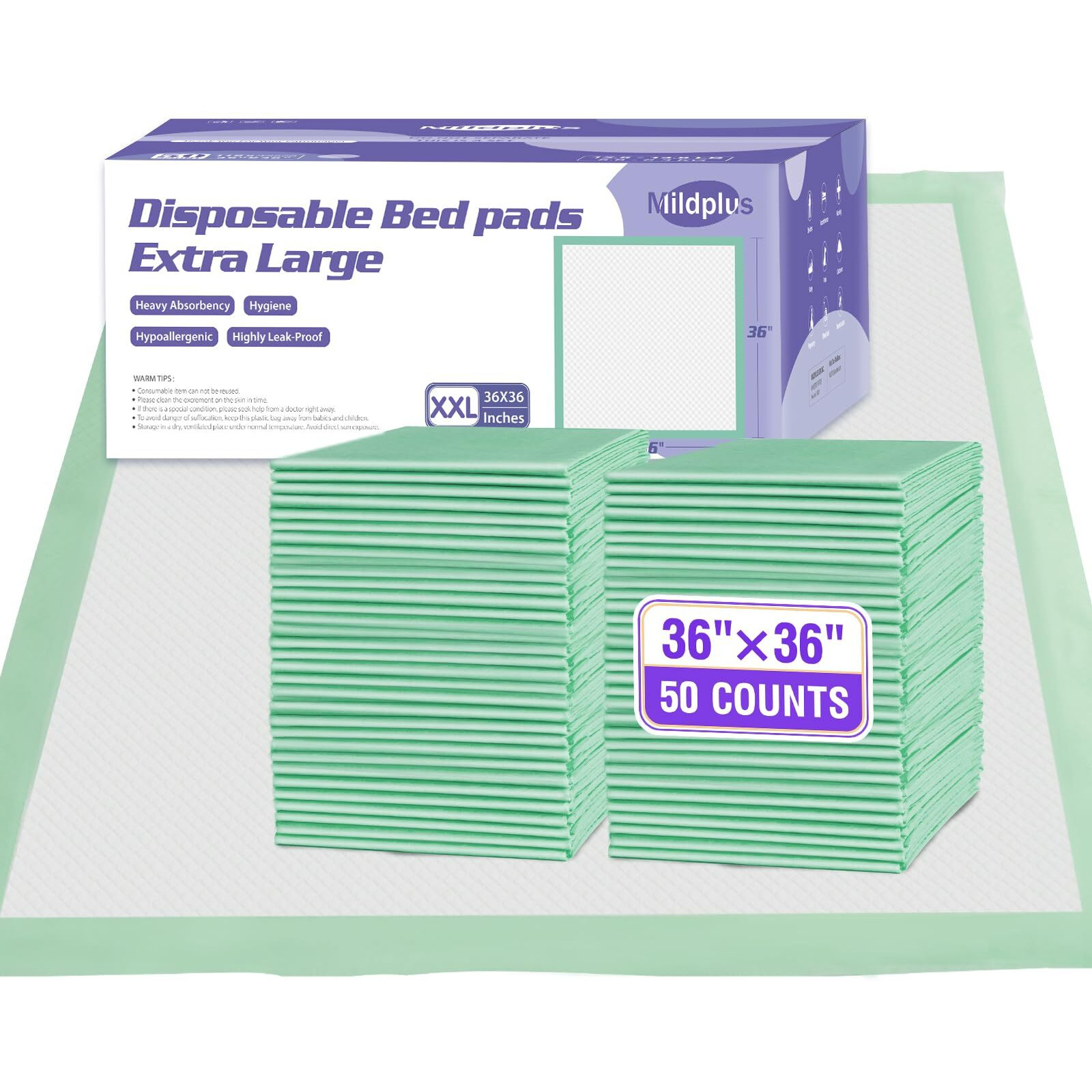 Mildplus Disposable Bed Pads 36'' X 36'' Heavy Duty Underpads Extra Large Incontinence Pads For Unisex Adult  Senior  Kids And Pet (50 Count)