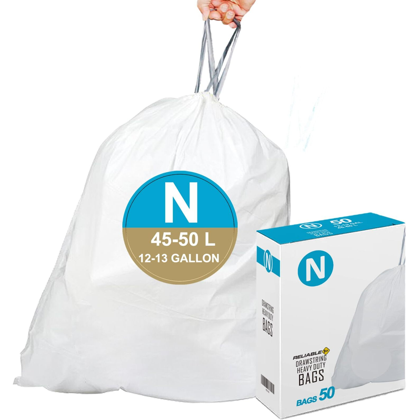 Code N Heavy Duty Trash Bags With Reinforced Drawstring For 12-13 Gallon/45-50 Liter  Reliable1St Compatible With Simplehuman Code N (50 Count)  Tear & Leak Resistant Drawstring Garbage Liners