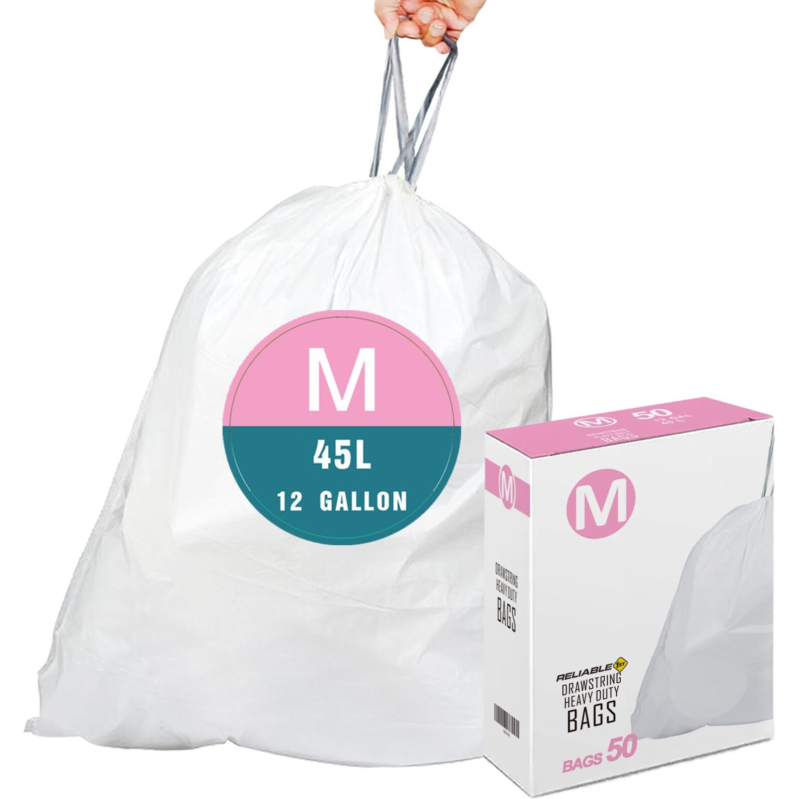 Code M Heavy Duty Trash Bags With Reinforced Drawstring For 12 Gallon/45 Liter  Reliable1St Compatible With Simplehuman Code M (50 Count)  Tear & Leak Resistant Drawstring Garbage Liners