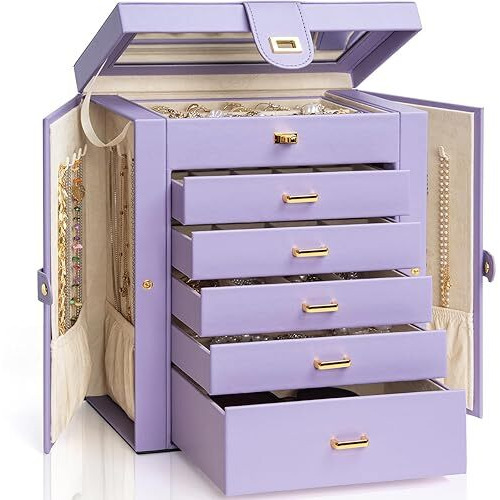 Akozlin Large Jewelry Box Organizer Functional Lockable With Big Mirror  Leather Jewelry Storage Case For Women Girls Ring Necklace Earring Bracelet Holder Organizer Violet