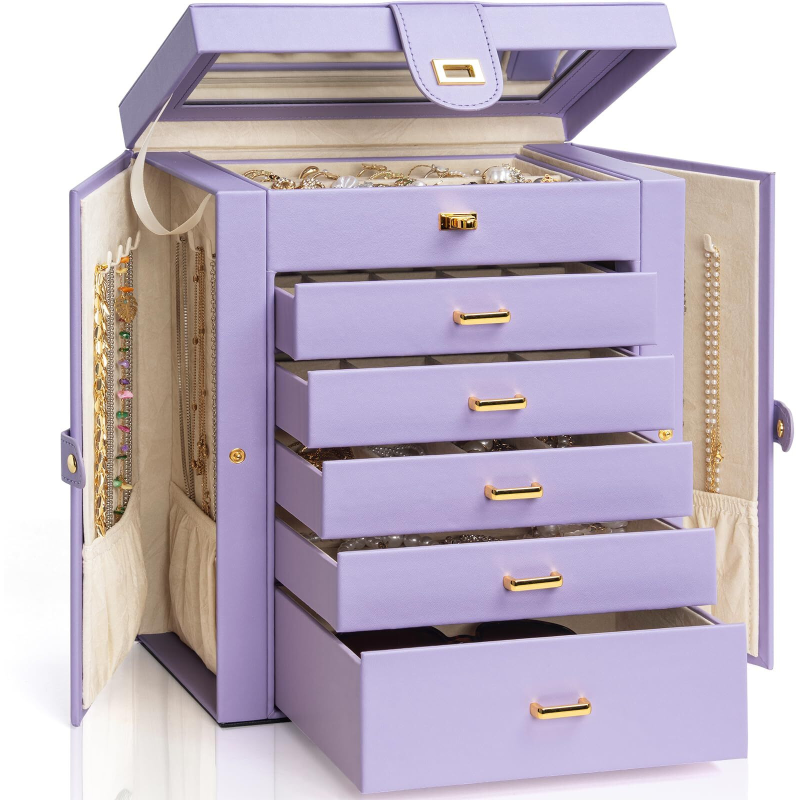 Akozlin Large Jewelry Box Organizer Functional Lockable With Big Mirror  Leather Jewelry Storage Case For Women Girls Ring Necklace Earring Bracelet Holder Organizer Violet