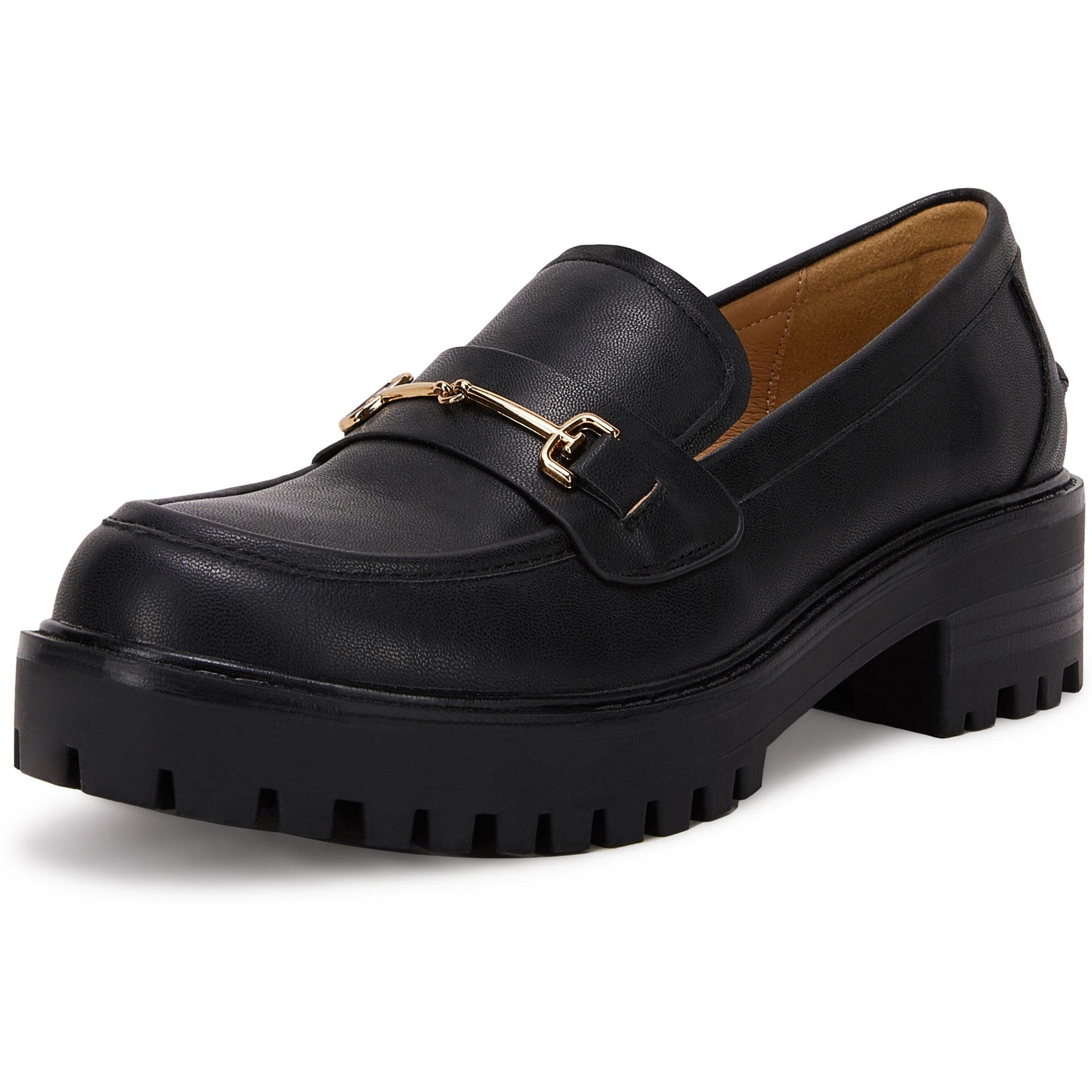 Womens Lug Sole Platform Mid Chunky Heel Loafers Classic Round Toe Slip On Office Uniform Oxfords Shoes With Metal Chain Black