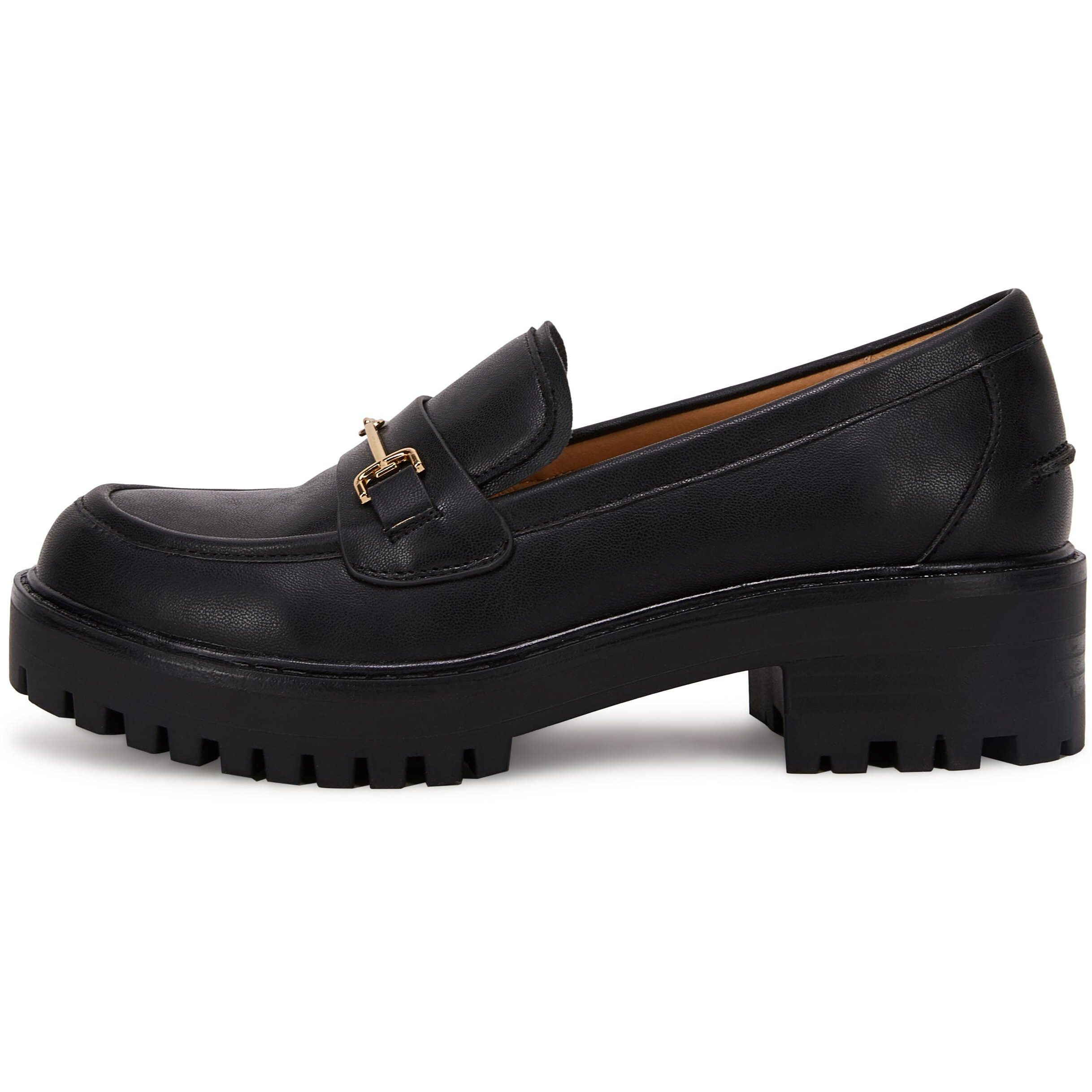 Womens Lug Sole Platform Mid Chunky Heel Loafers Classic Round Toe Slip On Office Uniform Oxfords Shoes With Metal Chain Black