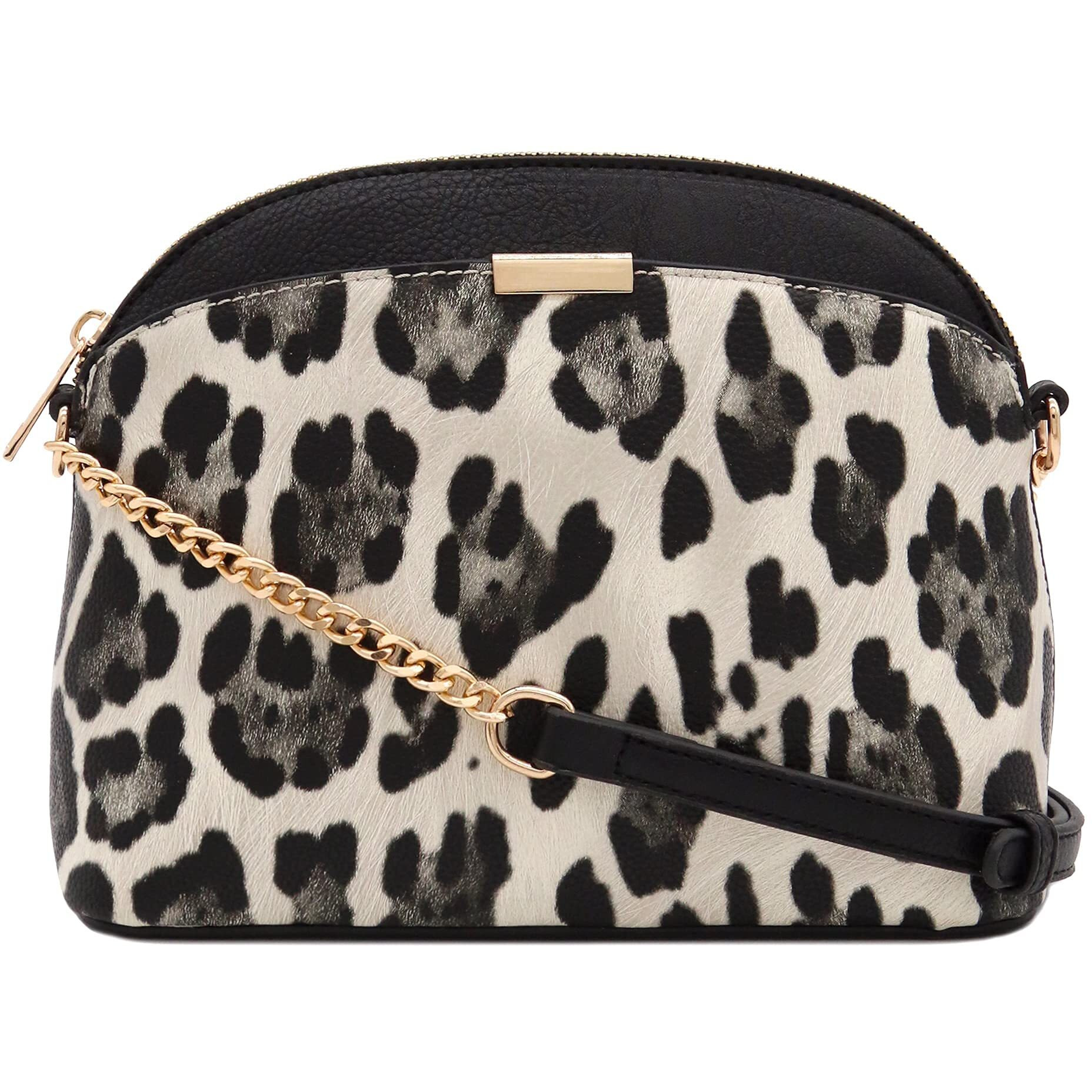 Fashionpuzzle Leopard Print Small Dome Crossbody With Chain Strap (Snow Black)