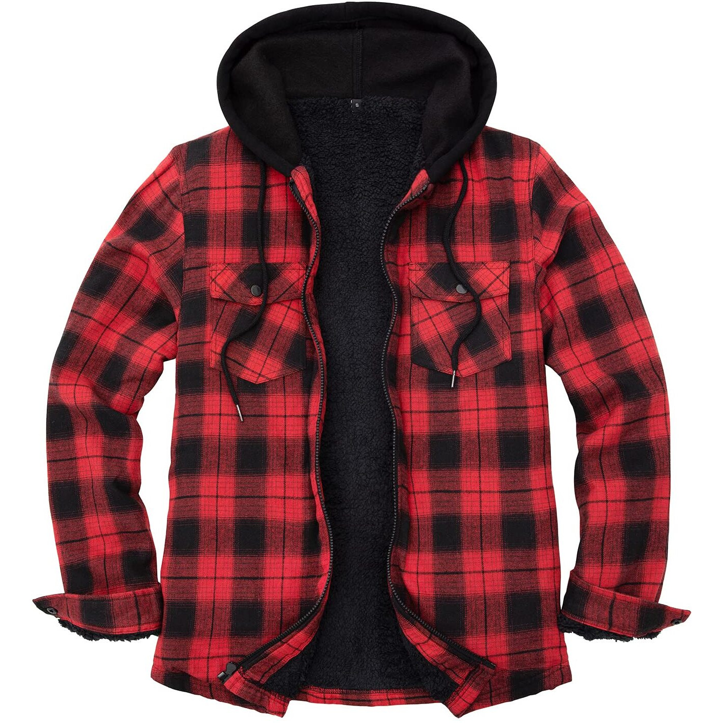Zenthace Mens Sherpa Lined Flannel Shirt Jacket With Hood Plaid Shirt-Jac All Sherpa Lining Red/Grey Xxl